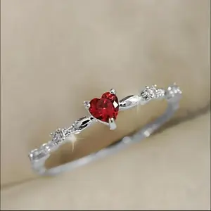 Women's Red Heart Cubic Synthetic Zirconia Ring - Elegant Wedding Engagement Suitable for Valentine's Day Gift, Anniversary Jewelry, Year-Round Wear, Korean Style CZ Engagement Ring