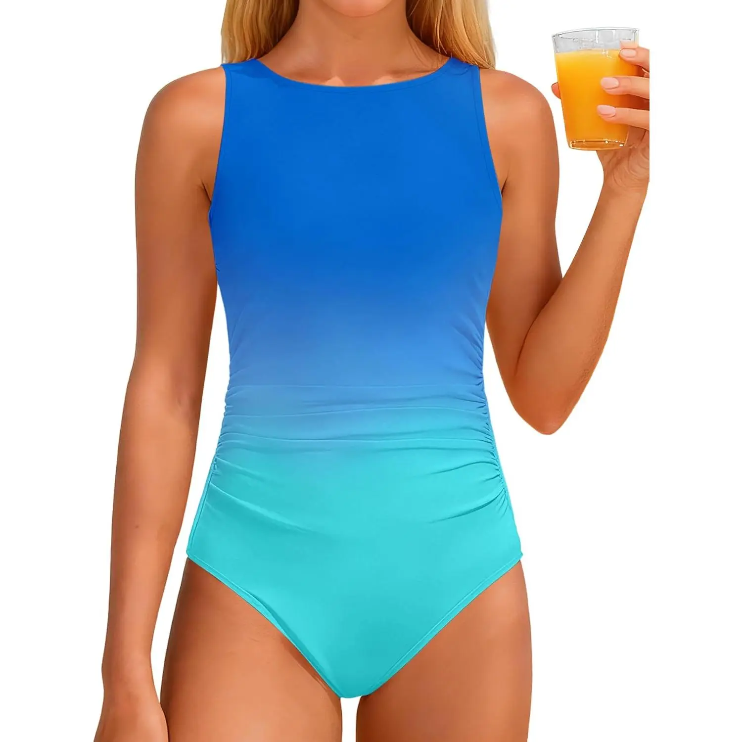 Girls Swimsuit High Neck Girls Bathing Suit Cross Back Ruched Gradien One Piece Girl Swimwear 9-16Y