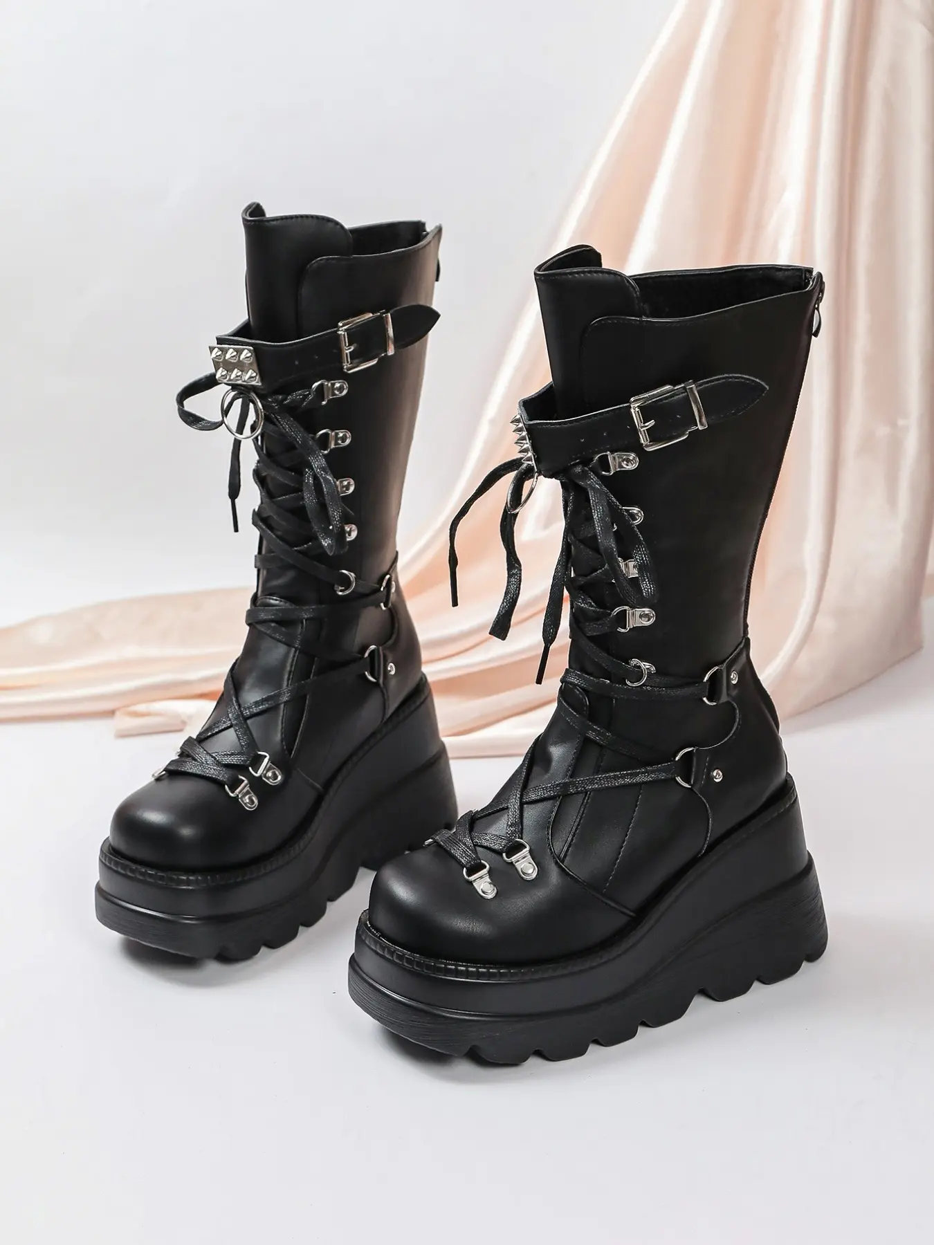 Punk Thick Sole Boots for Women, Buckle Strap Multi-Lace Round Toe Mid-Calf Boot, Y2K Dark Style Chunky Heel Motorcycle Boot
