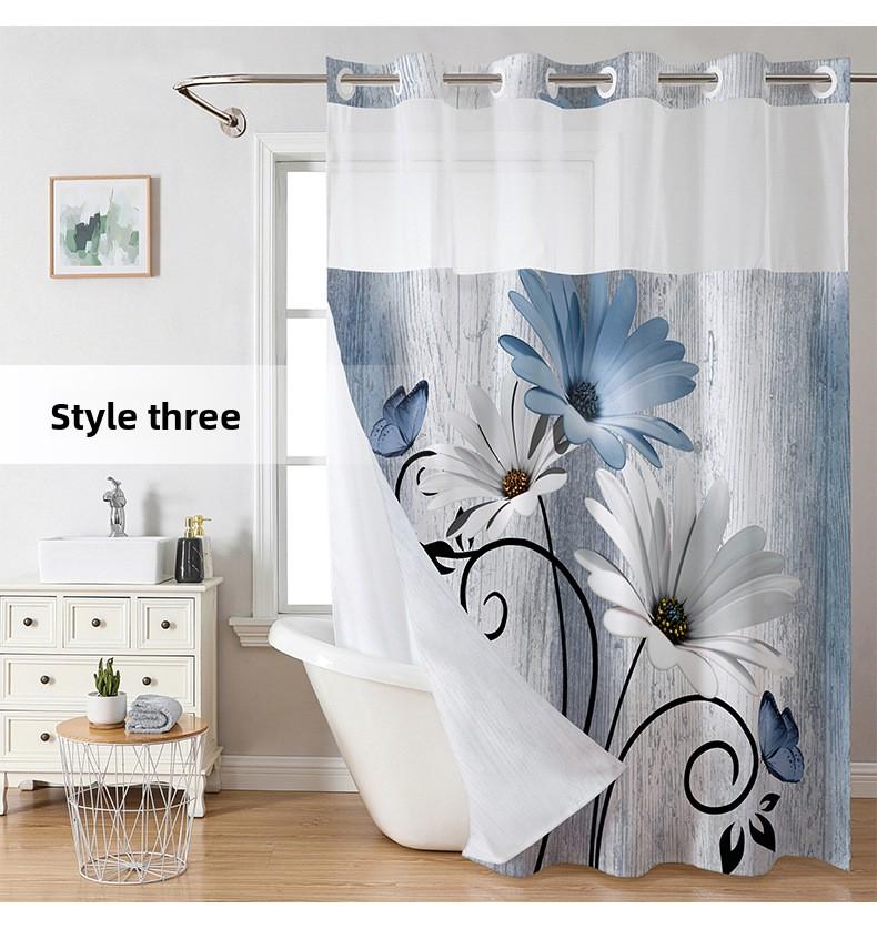 3D Digital Printing Blue Daisy Double Layer Shower Curtain Polyester Waterproof and Mildew Proof Bathroom Partition Curtain