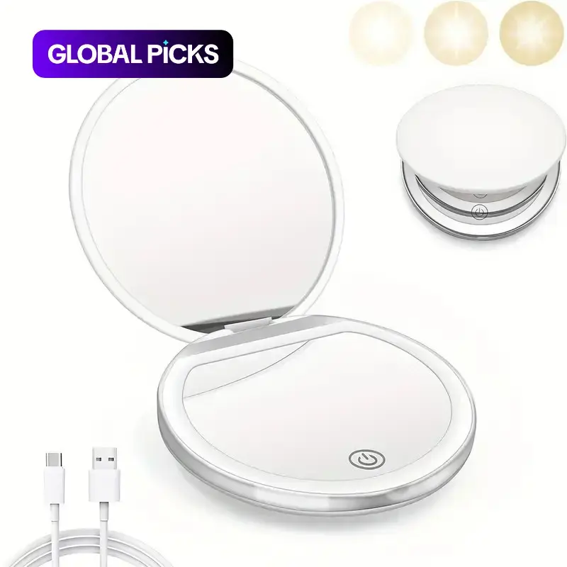 Portable Foldable Makeup Mirror, 1 Count Travel Makeup Mirror with LED Light, Compact Mirror for Women, Pocket Size Makeup Tools
