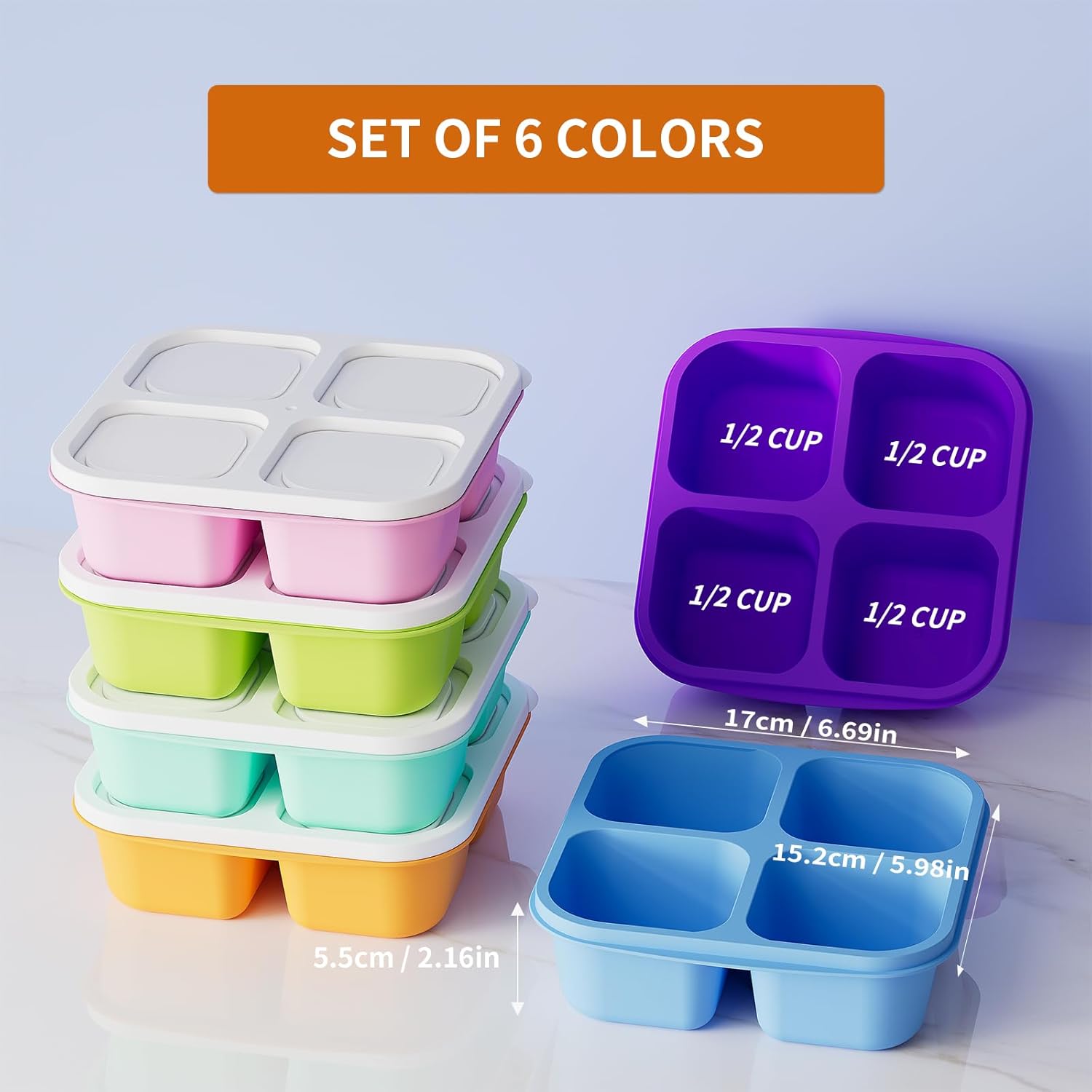 6 count Bento Snack Containers,  4 Compartment  Storage Container with Lids, Divided Lunchable Container, Freezer, Microwave & Dishwasher Safe (6 Color)