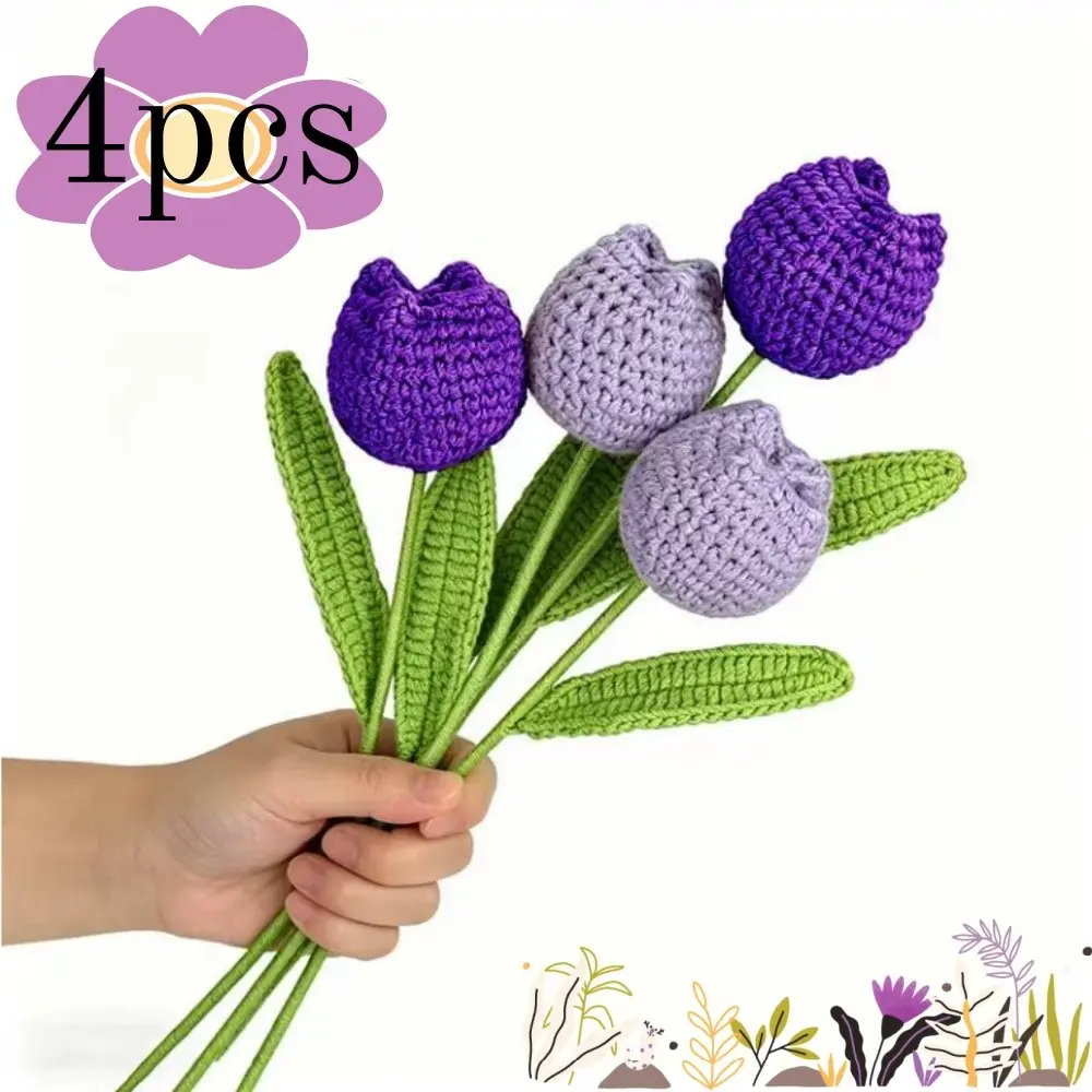 4pcs Crochet Flower Tulip Bouquet, Fake Flowers Handmade Crochet Flowers Cotton Tulip Bulk for Home décor,Table Centerpieces,Women,Friends