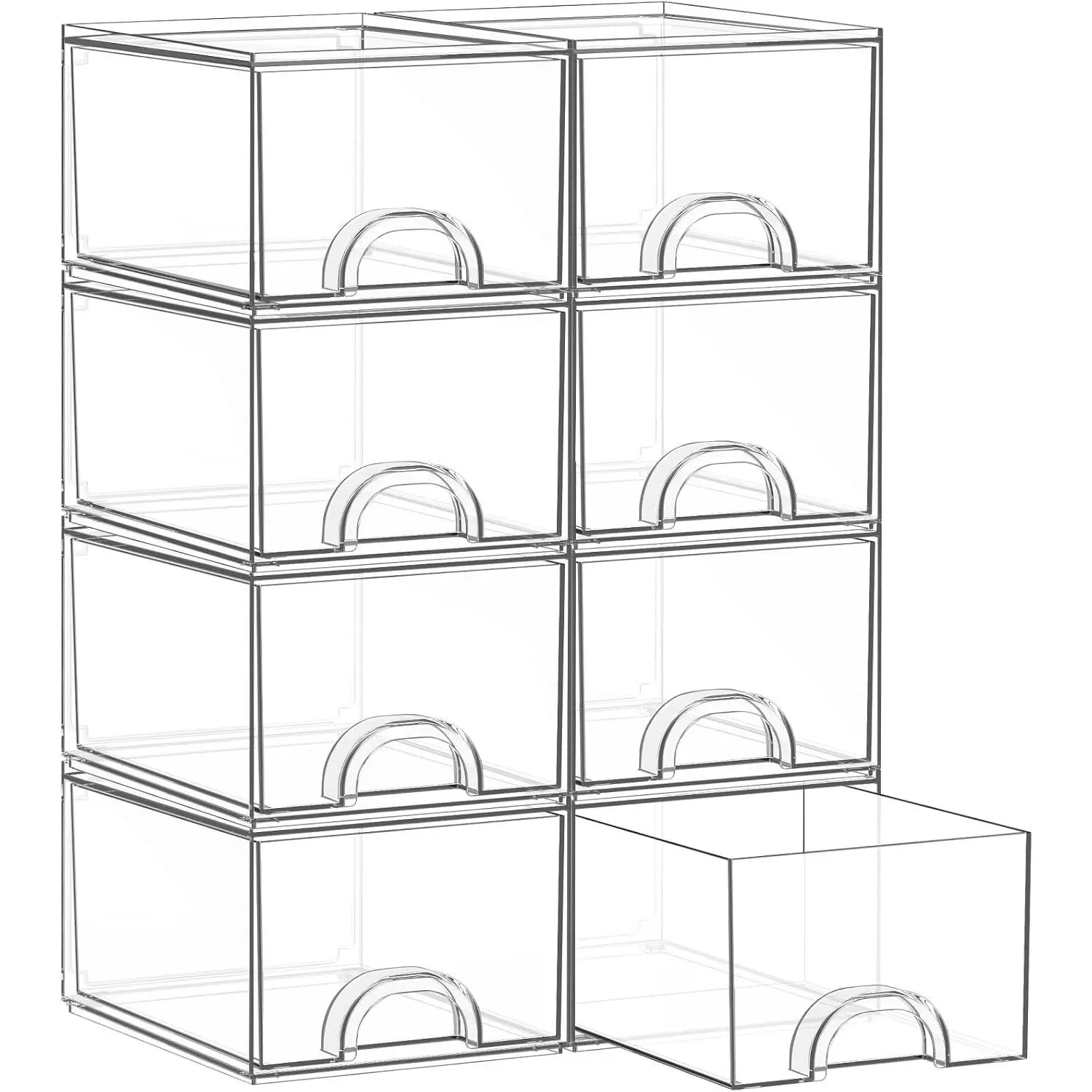 8 Pack Small Clear Stackable Acrylic Storage Boxes with Drawers - Multipurpose Transparent Organizer Containers for Home Office Desk Closet Bathroom Craft Jewelry Storage