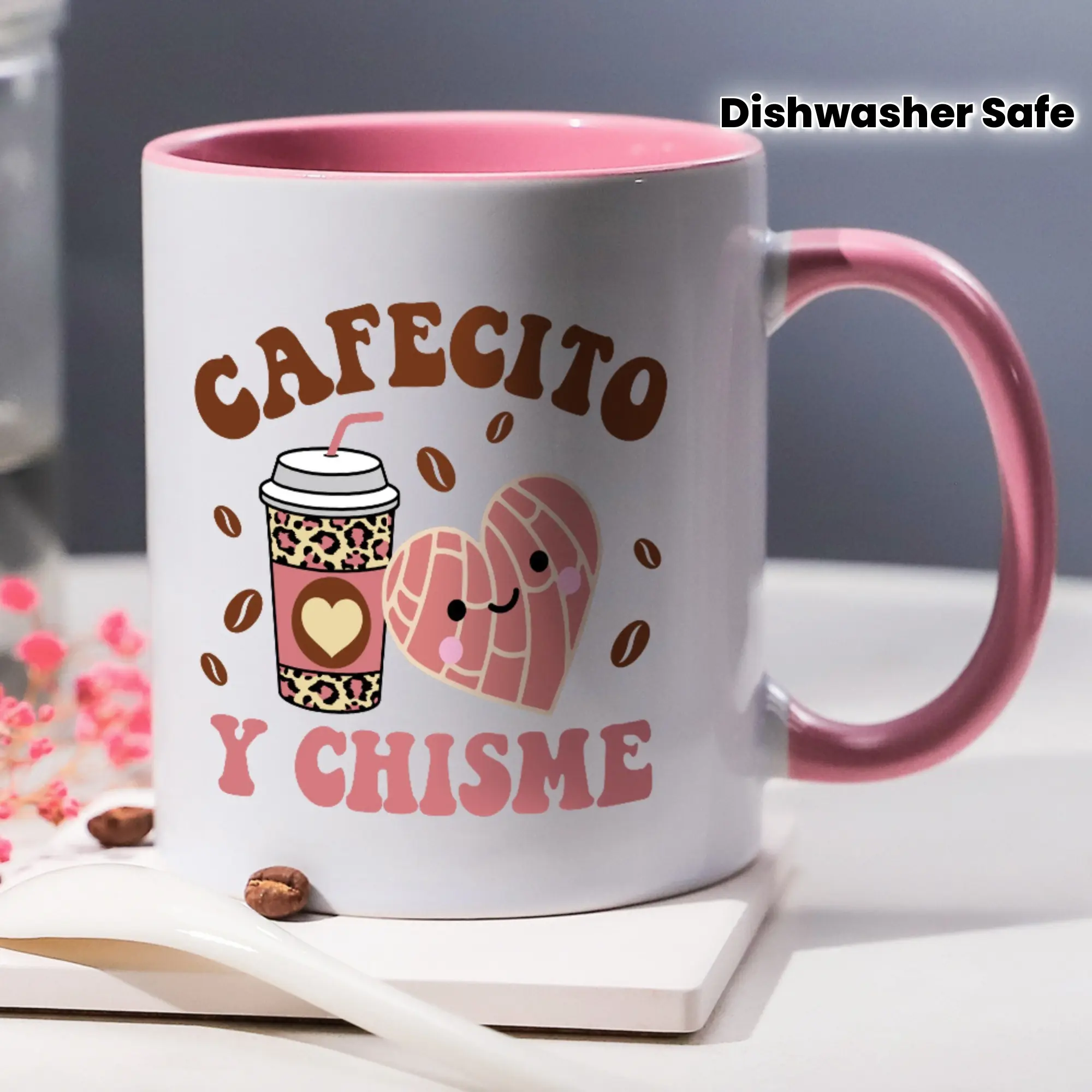 1pc 11oz Modern Cafecito Y Chisme Single Ceramic Mug - Coffee & Gossip Hearts Stars Design, Ceramic Body, Glossy Finish, Dishwasher Safe, Kitchen Drinkware Coffee Bar Accessory, Gift Idea for Friends