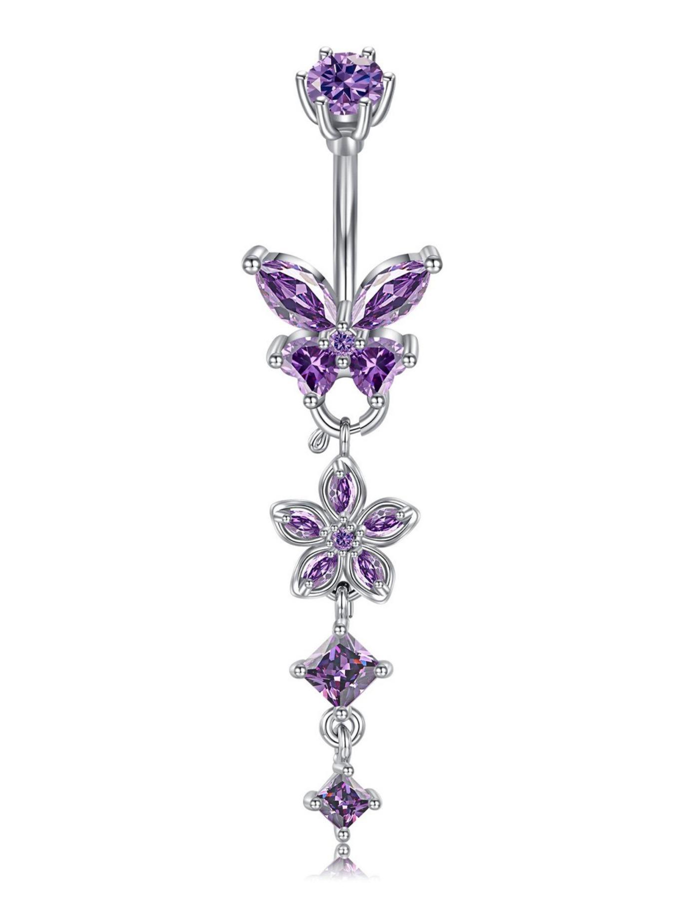 Detachable Flower Dangle Belly Button Ring Cute Butterfly Removable Belly Rings Stainteel Steel Navel Piercing Jewelry For Women, 10mm Silver Pink Purple Blue Belly Button Piercing Body Piercing 14Gauge