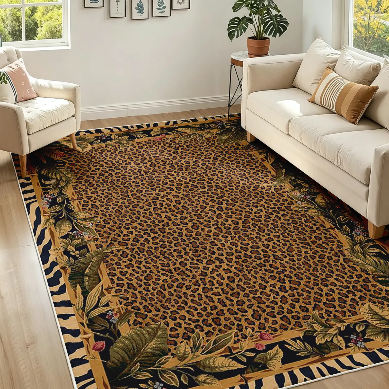 8x10ft Leopard Tropical Area Rug, Animal Print Floral Border Design, Non-Slip Machine Washable Soft Faux Cashmere Carpet, Stain-Resistant Floor Rug for Living Room Bedroom Decor, Home Decor