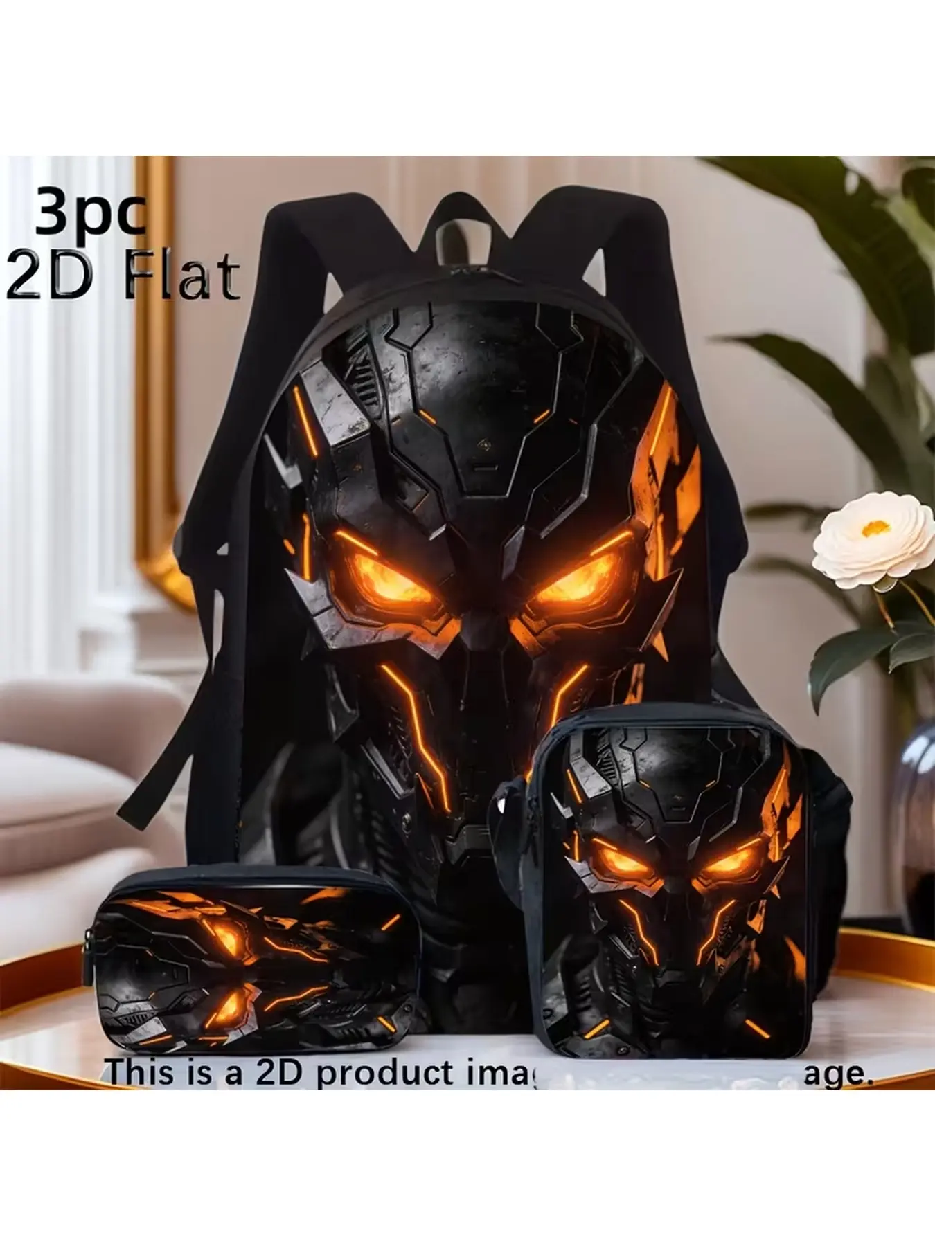 Fall / Winter 3Pcs Backpack Set, Cool Glowing Cyber Mechanical Helmet 2D Print Bookbag with Lunch Bag & Pencil Case, Halloween Christmas Gift for Boys Daily Outdoor Use