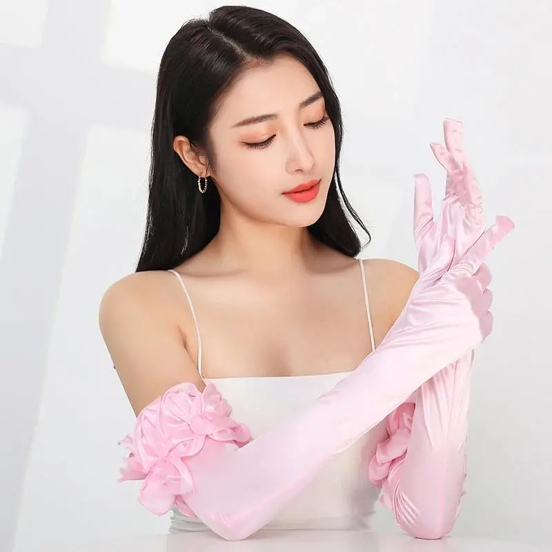 55CM Opera Stage Pink Satin Elastic Wedding Dress Etiquette Gloves Retro Banquet Dance Performance Flower Lace Women Long Gloves