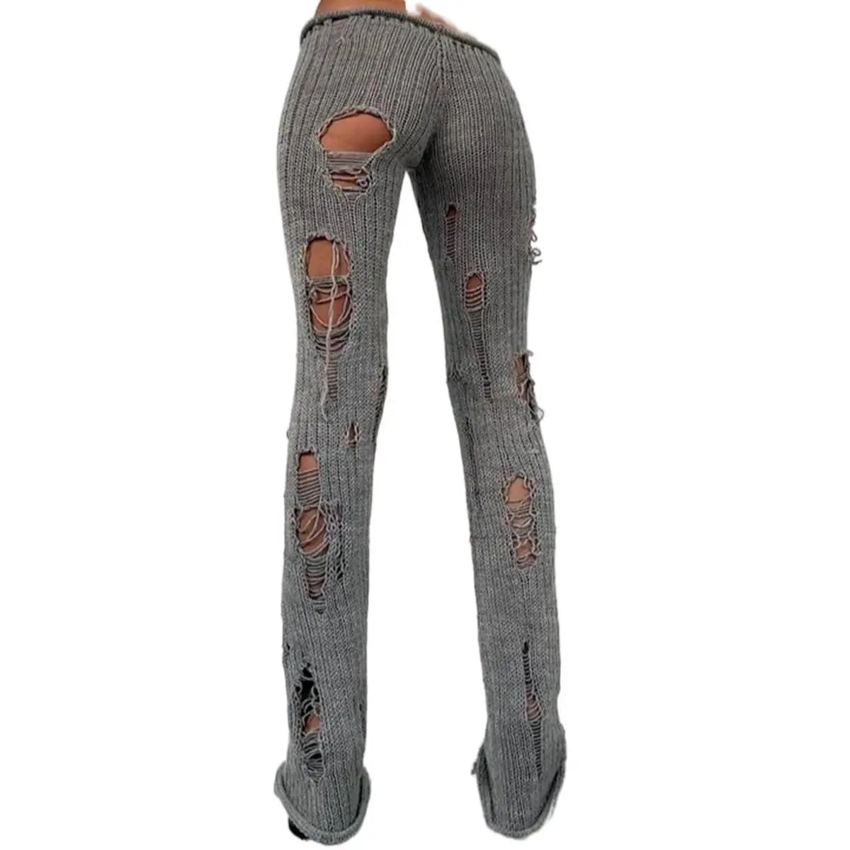 Women's Edgy Plain Close Fit Ripped Knit Long Pants - Urban Streetwear, Bold Style, Spring Street Style, Drop Waist, Elastic Waistband, Fashionable Hollow-Out, Machine Washable, Urban Streetwear Pants, Bold Style Pants Casual Cropped Trousers Black