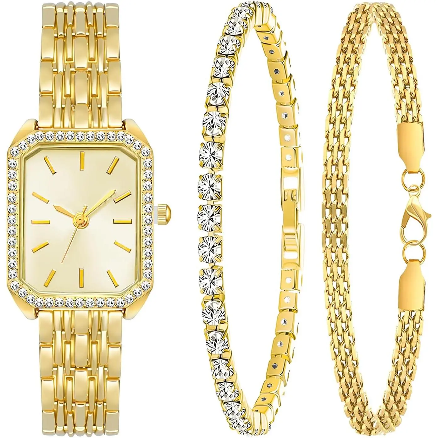 3 count Women  Watch Bracelets Set Fashion Costume  Stainless Steel  Plated Square Wristwatch  Bangle Bracelet Watch  Set for Women