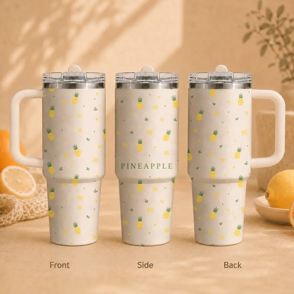 Pineapple strawberry Bow ins Vacuum Flasks 40oz 3rd Gen Vacuum Insulated Tumbler with Handle & Straw Lid, Leak-Proof Stainless Steel Travel Mug for Water, Coffee, Gym, Office, Car Cup Holder