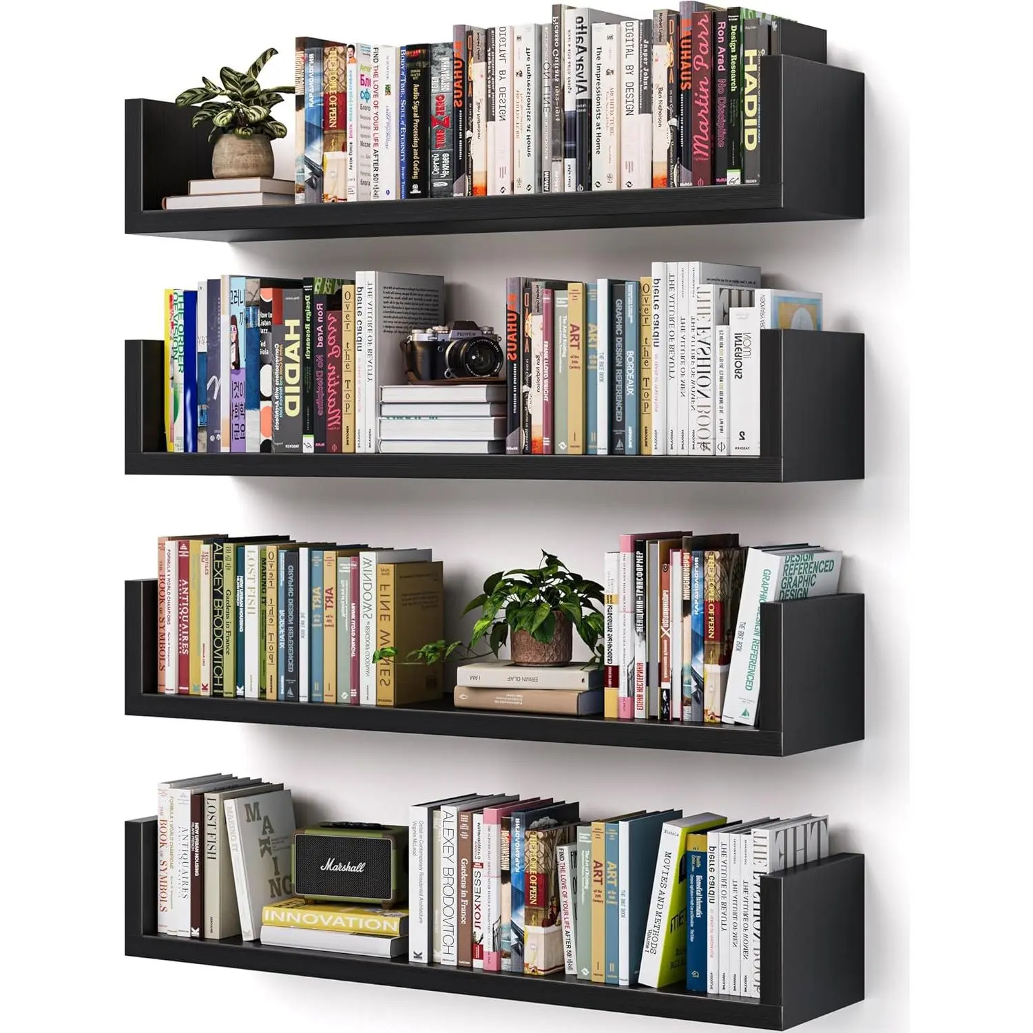 Wall Bookshelf, Set of 4, U Shaped Floating Bookshelf, Hanging Bookshelves for Wall, Wall Mounted Shelves for Living Room Bedroom Office (Black, 17 Inches, 4)