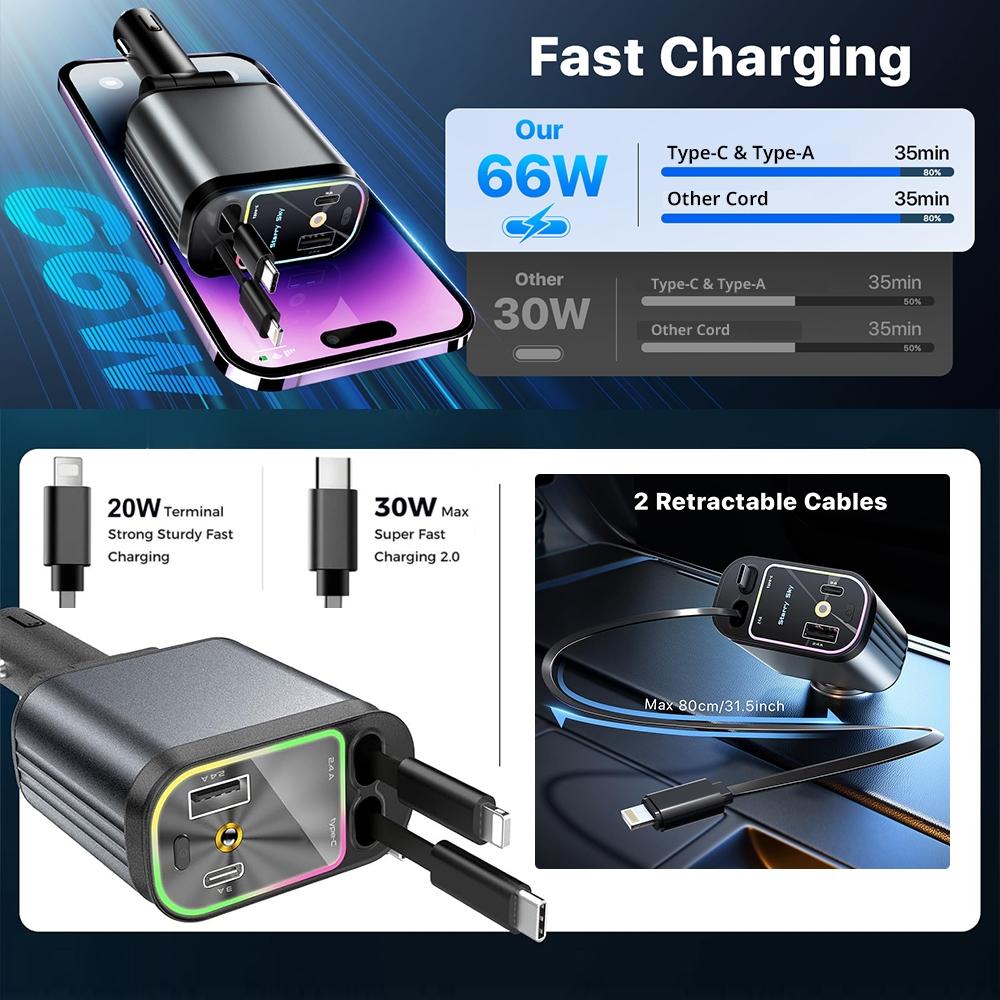 4 in 1 Car Charger, Retractable Car Charger, Dual Type C & Lightning Cable Car Charger, Universal Car Charger for iPhone 15/14/13 Pro Max & Samsung Galaxy S23