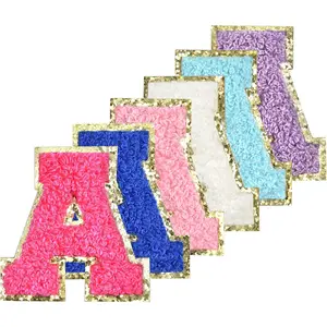 6Pcs Self Adhesive Chenille Varsity Preppy Glitter Fuzzy Letter Patches for Clothing Bag Laptop Phone Case Mixed Color A