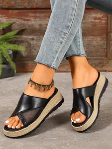 Women's Platform Slide Sandals, Leather Mesh Cutout, Open Toe Wedge Slippers, Casual Summer Non-Slip Comfortable Shoes