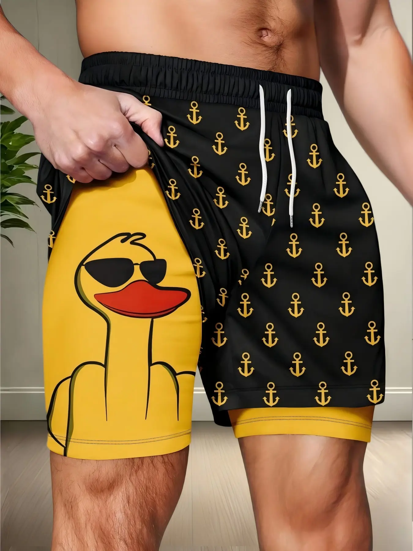 Cartoon Duck Lined Double Layer Shorts, Men's Home Wear Shorts, Summer Style Shorts, Casual Slim-Fitting All over Print, Comfortable and Stylish