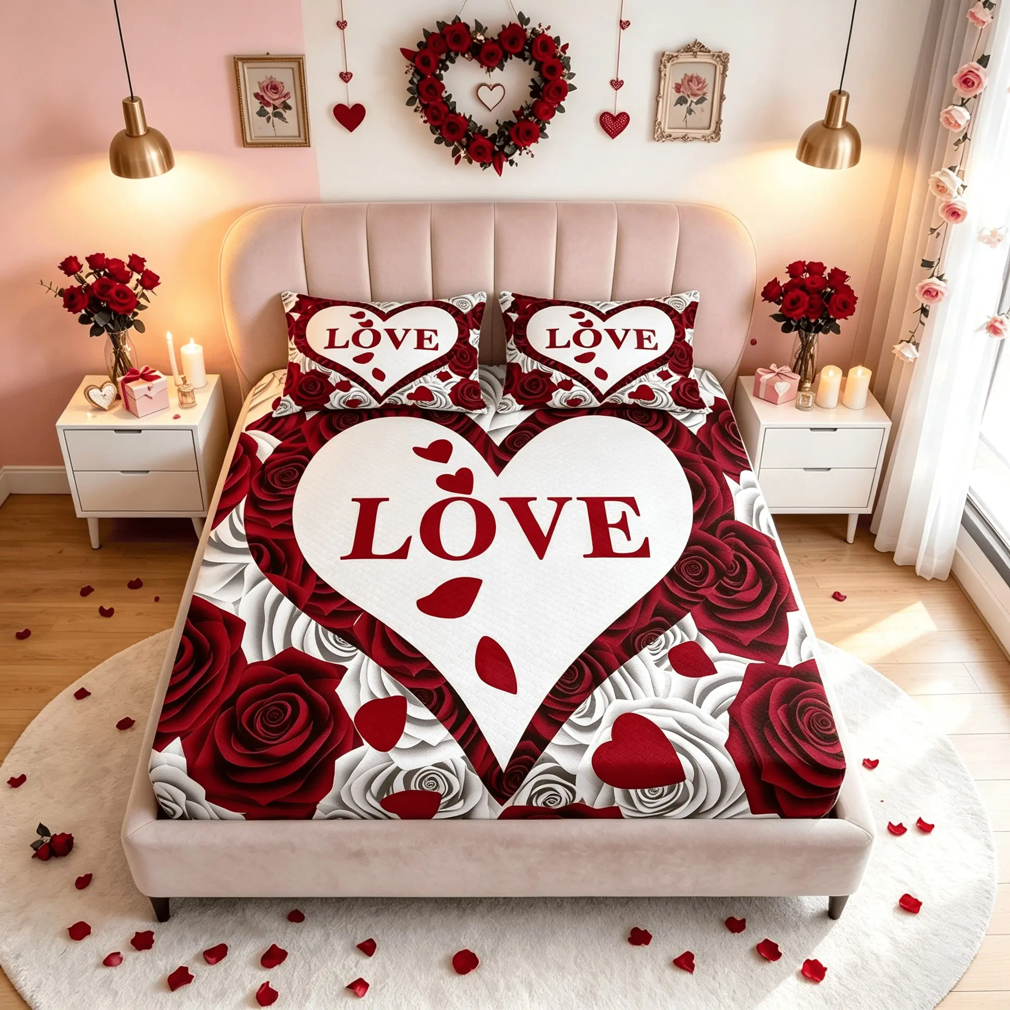 3-Piece Bed Sheet Set, Love Rose Print Pattern, Romantic Bedroom Decoration For Couples, Thanksgiving Decoration, 1 Bed Sheet With 2 Pillowcases (Excluding Pillow Core), Suitable For Bedroom Decoration And Gifts For Teenagers And Adults