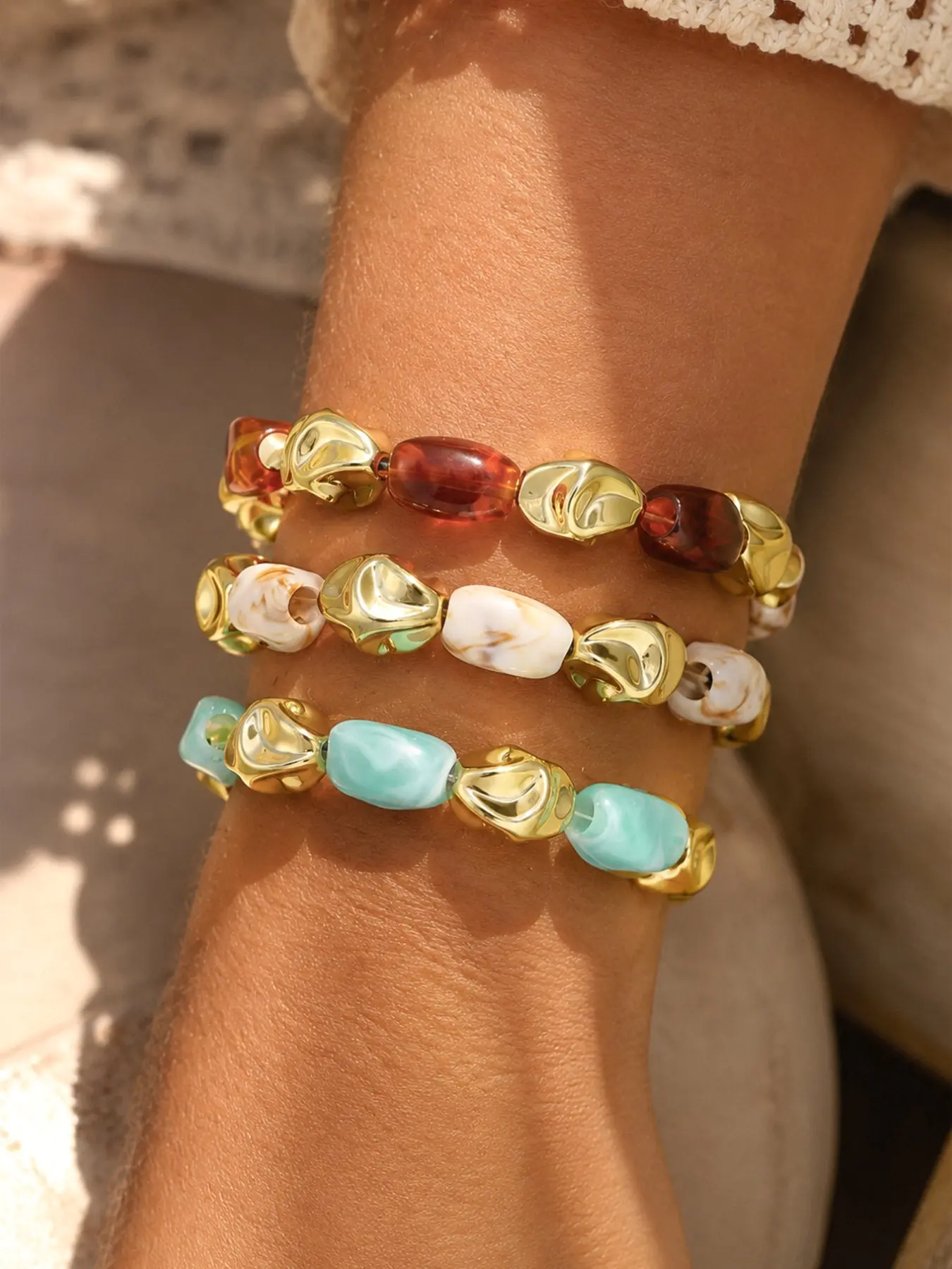 3pcs Amber Gradient Mint Milk Beaded Bracelets, Unique Spacer Beads, Gentle Girls' Jewelry Gift Set
