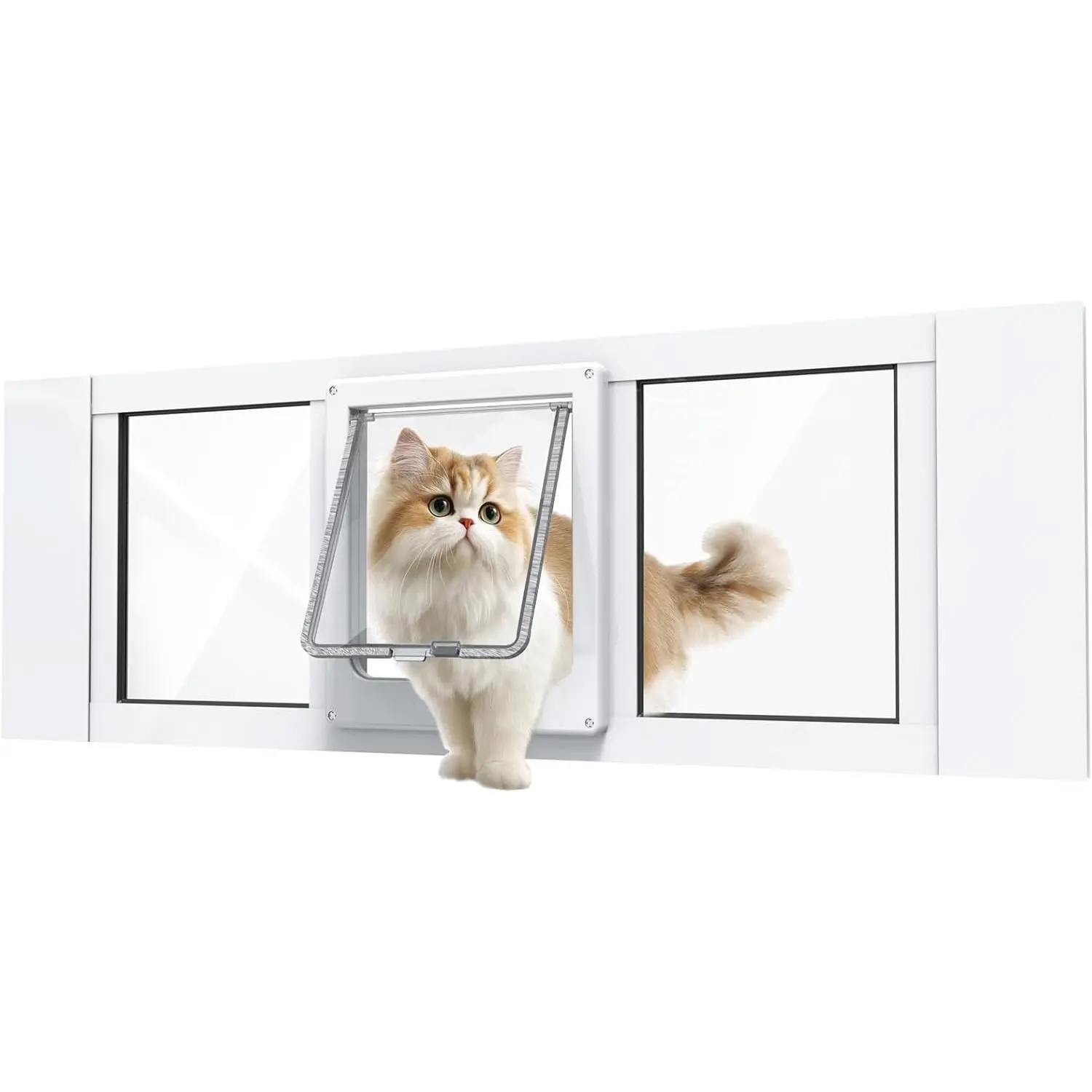 White Aluminum Window Insert Cat Door - 4 Secure Lock Modes, 7.7" x 8.8" High, Airtight Strip, Bidirectional Magnetic Seal, Fits 32-36 in Wide Windows, Cat Pet Supplies