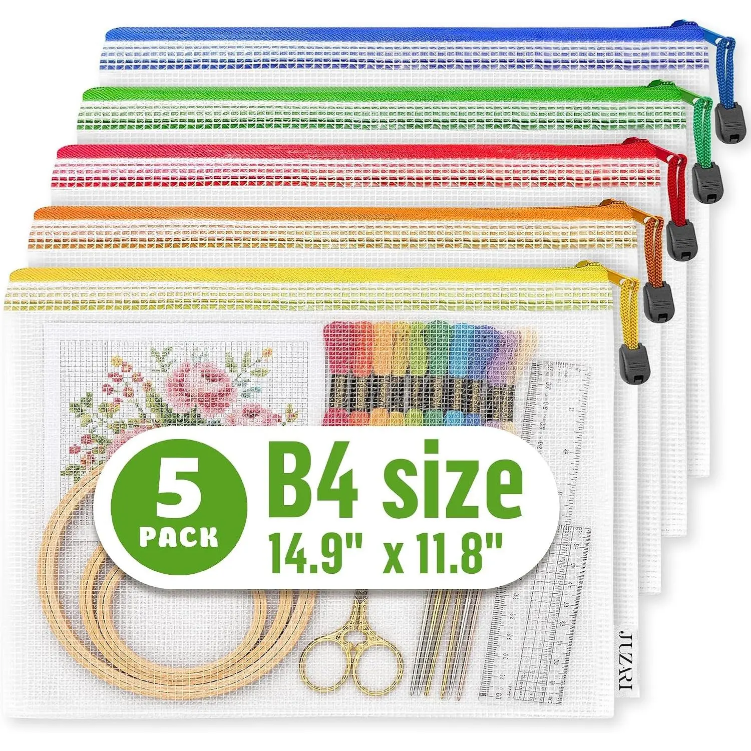 5 Pack Clear Project Bags with Zipper B4 (12x15in) - Craft Storage Bag for Needlepoint, Cross Stitch and Quilting - Heavy Duty Zip Project Bags for Organization 5 Colors: Red Yellow Green Blue Orange
