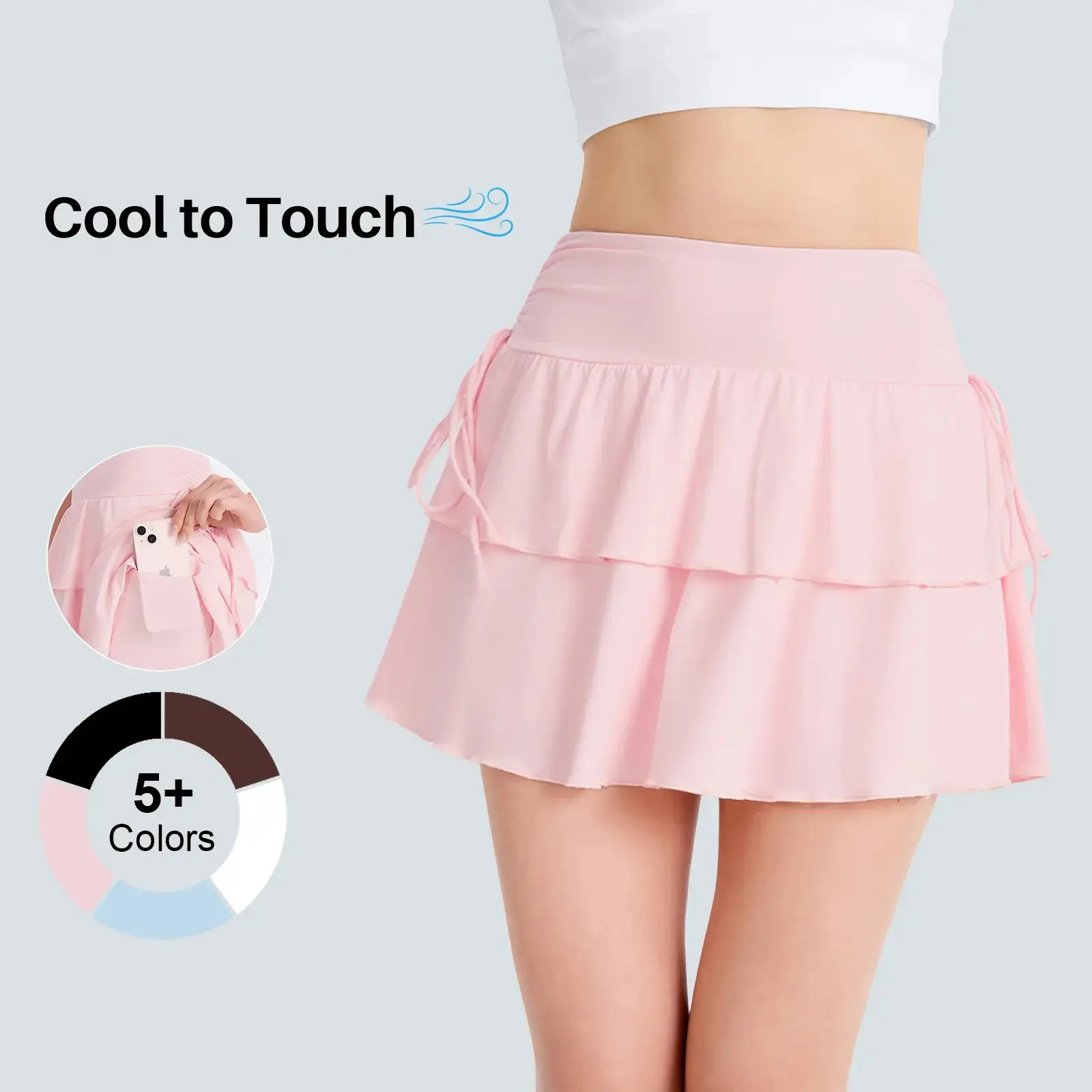 2026 Y2K Women's Solid Nylon Lettuce Trim Tiered Ruffle Hem Mini Skirt - Elegant Tie-Side Bottoms with Built-In Shorts, Basic Greenish Style for Daily Wear, Skirts,summervibes outdoorfun,summerwins