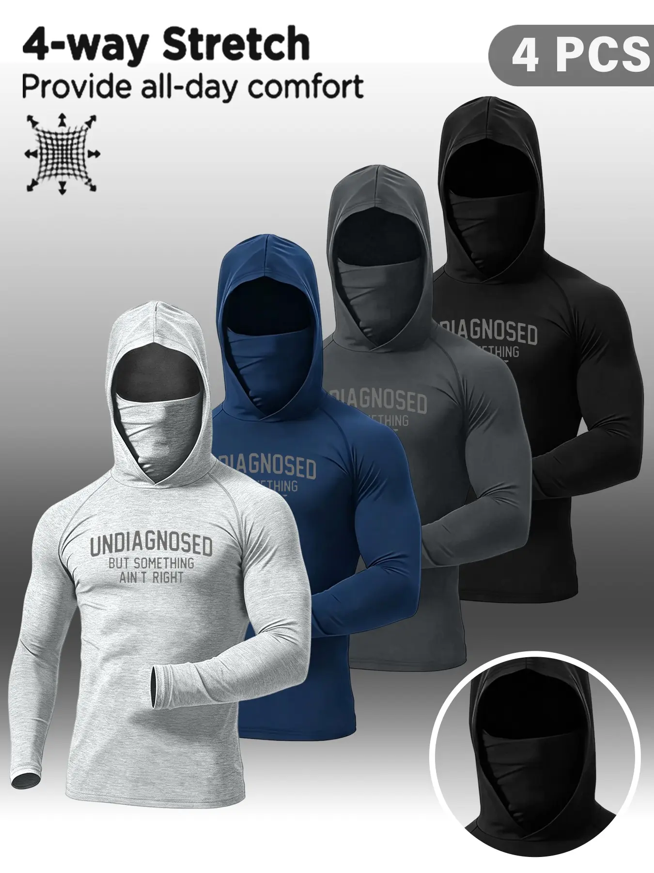 Men's Spring Summer Cycling Sporty Casual Hooded Sun Protection Shirt, Breathable Elastic Fabric, Letter Pattern, Long Sleeve, 4-Piece Set