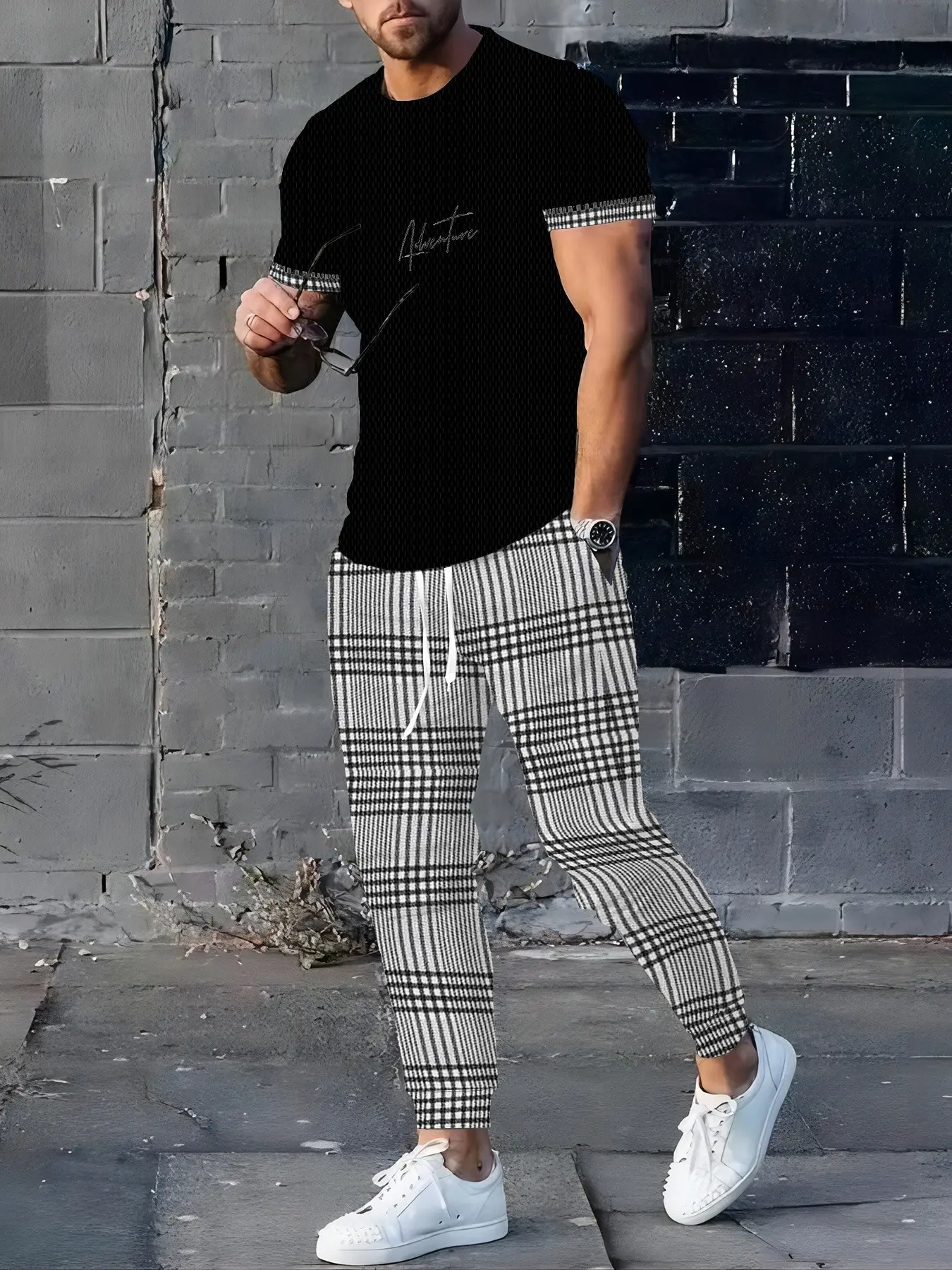 Men's Fashion Casual Set, Print T-Shirt with Plaid Pants, Slim Fit, Short Sleeve, All Seasons, Sporty Style