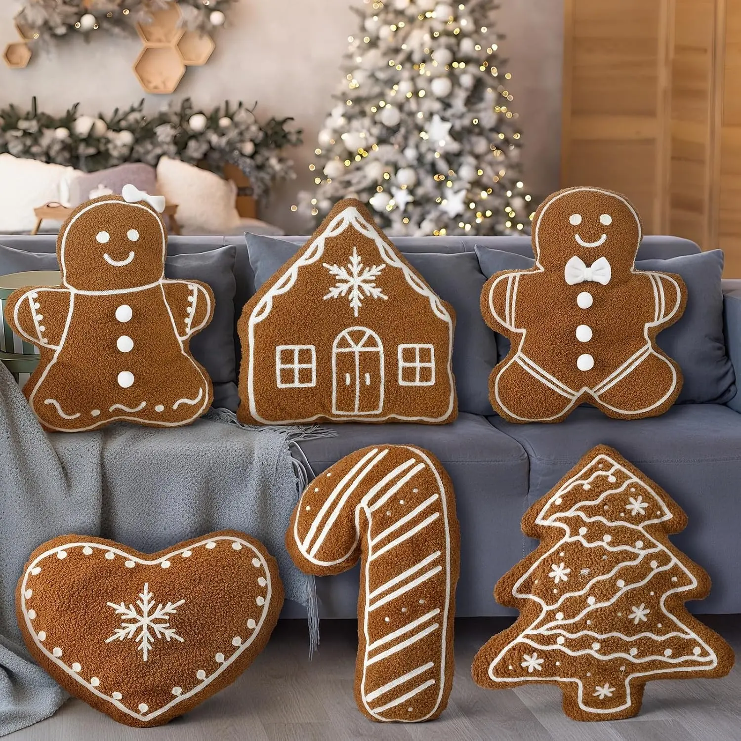 Wesiti 6 Pcs 15.75" Christmas Gingerbread Throw Pillows, Gingerbread Man, House & Tree Shaped Decorative Cushions for Xmas Holiday Home Decor