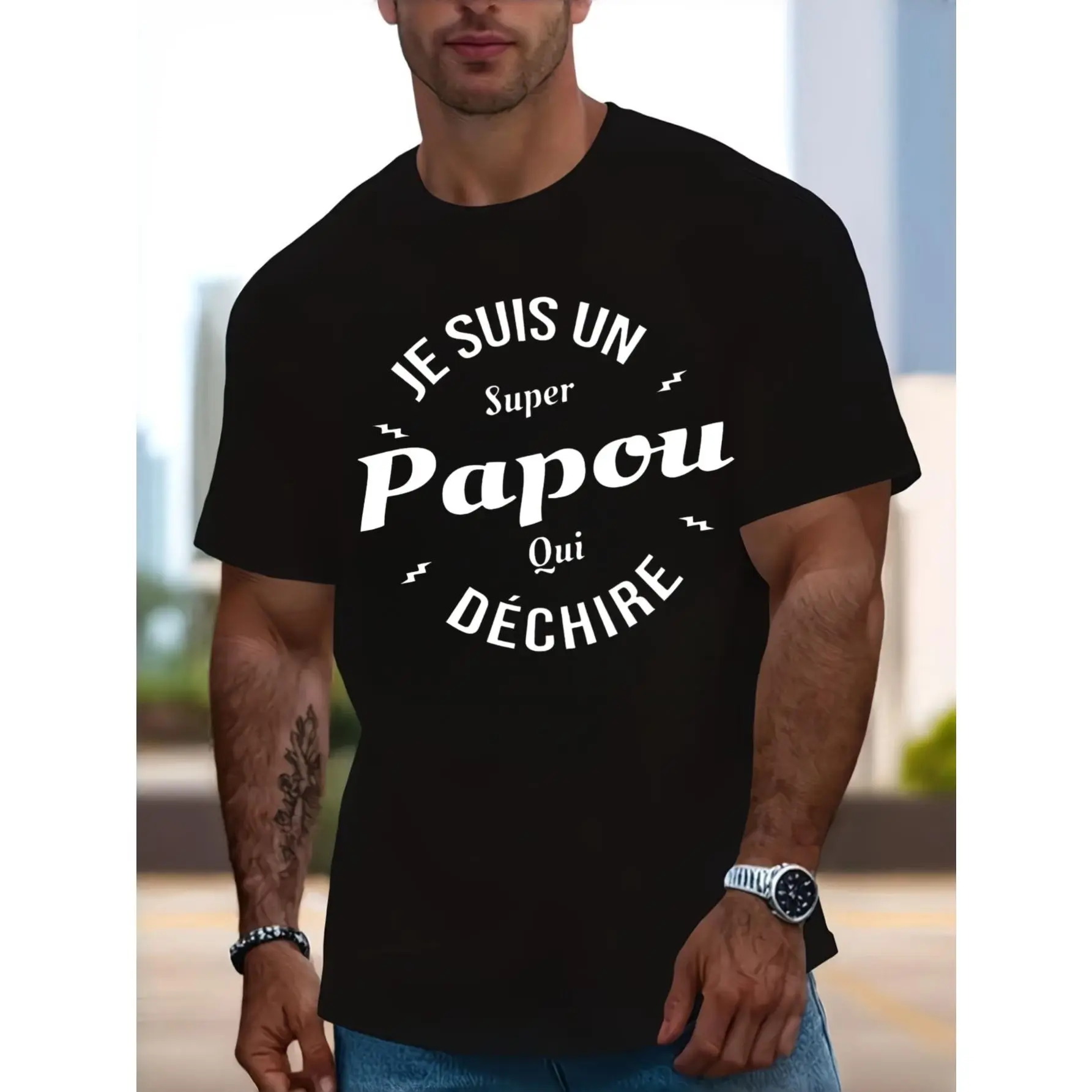 Casual Style, Men's T-Shirt, Je Suis Un Super Papou Qui Dechire Text Design, Summer Daily Wear, Gift For Grandfather