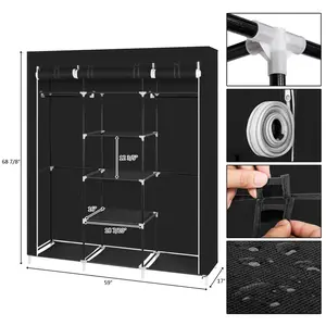 69" Freestanding Above-Ground Portable Compact Wardrobe, Non-Woven Fabric Double-Rod Multi-Compartment Storage Organizer Container Wardrobe, Black, Freestanding Above-Ground Wardrobes, Multi-Compartment Storage Wardrobes