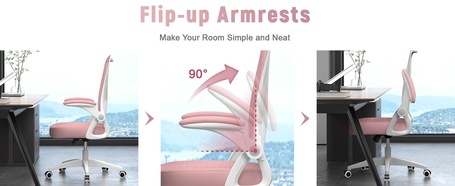 Ergonomic Office Chair, Computer Chair with Adjustable Height, Flip-Up Arms and Lumbar Support, Breathable Mesh Desk Chair for Home Study Working (Without Headrest, Pink)
