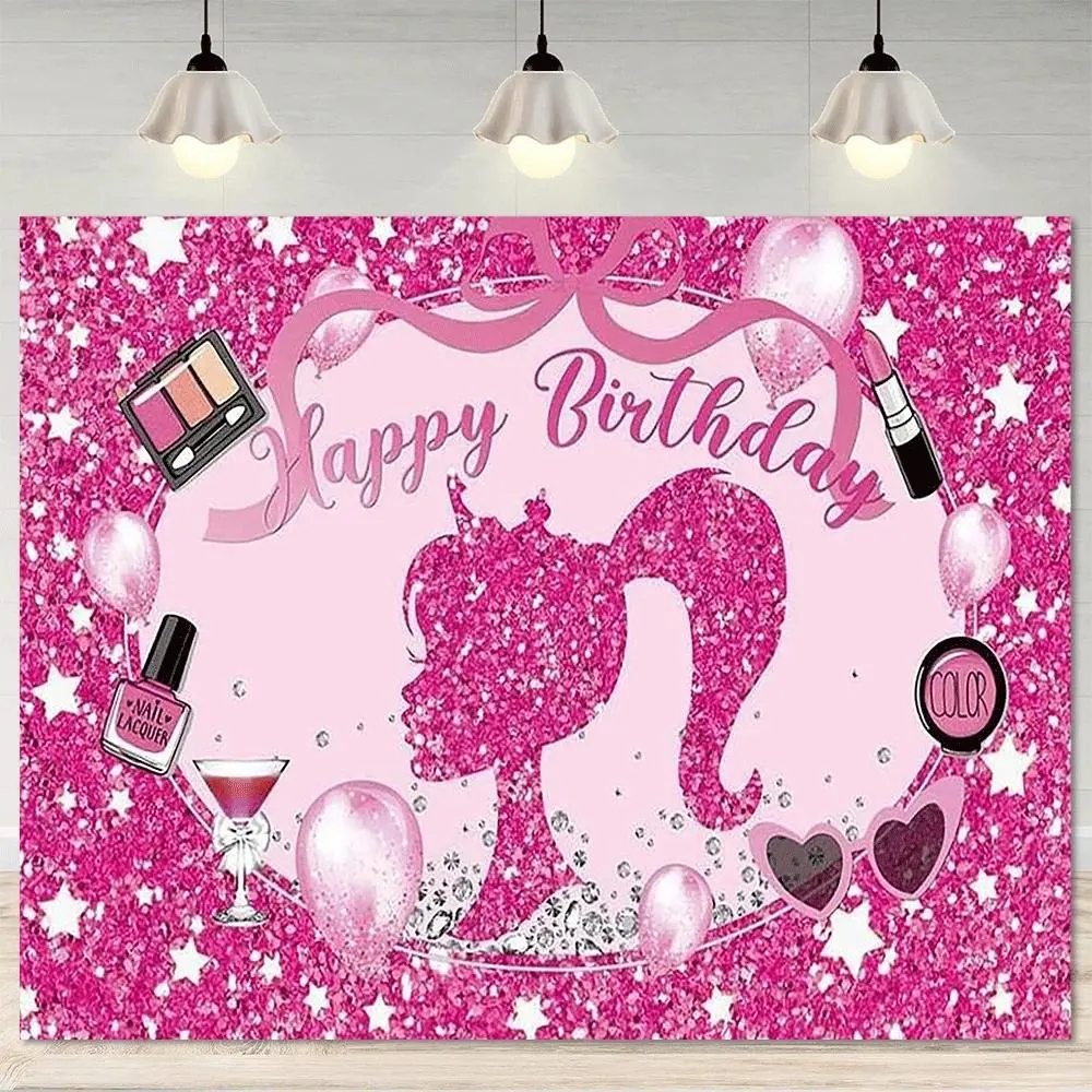 1pc Hot Pink Princess Happy Birthday Background - Shiny makeup and spa-themed party decorations, balloons and sparkle