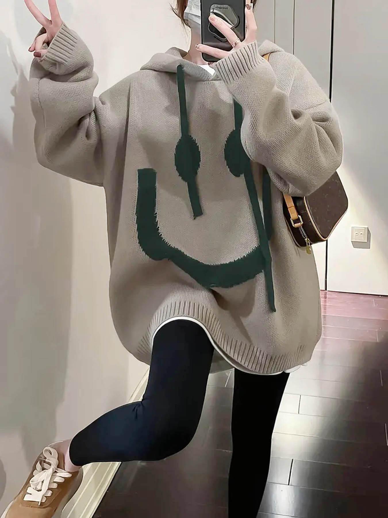 Women's Cartoon Face Print Drop Shoulder Hooded Knitted Sweater, Fashion Casual Long Sleeve Drawstring Hooded Sweater for Daily Holiday Outdoor Wear, Women Knitwear for Fall & Winter, Sweaters for Women