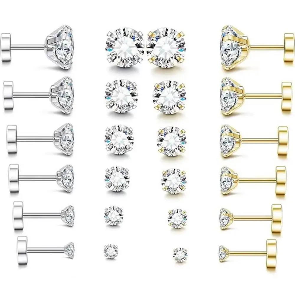 12Pcs Classic Hypoallergenic Cubic Zirconia Earrings Set, Unisex 316L Stainless Steel CZ Earrings 3-8mm, Steel Flat Back Studs for Cartilage Ear Stud Screw Back Fashion Jewelry Party Wear
