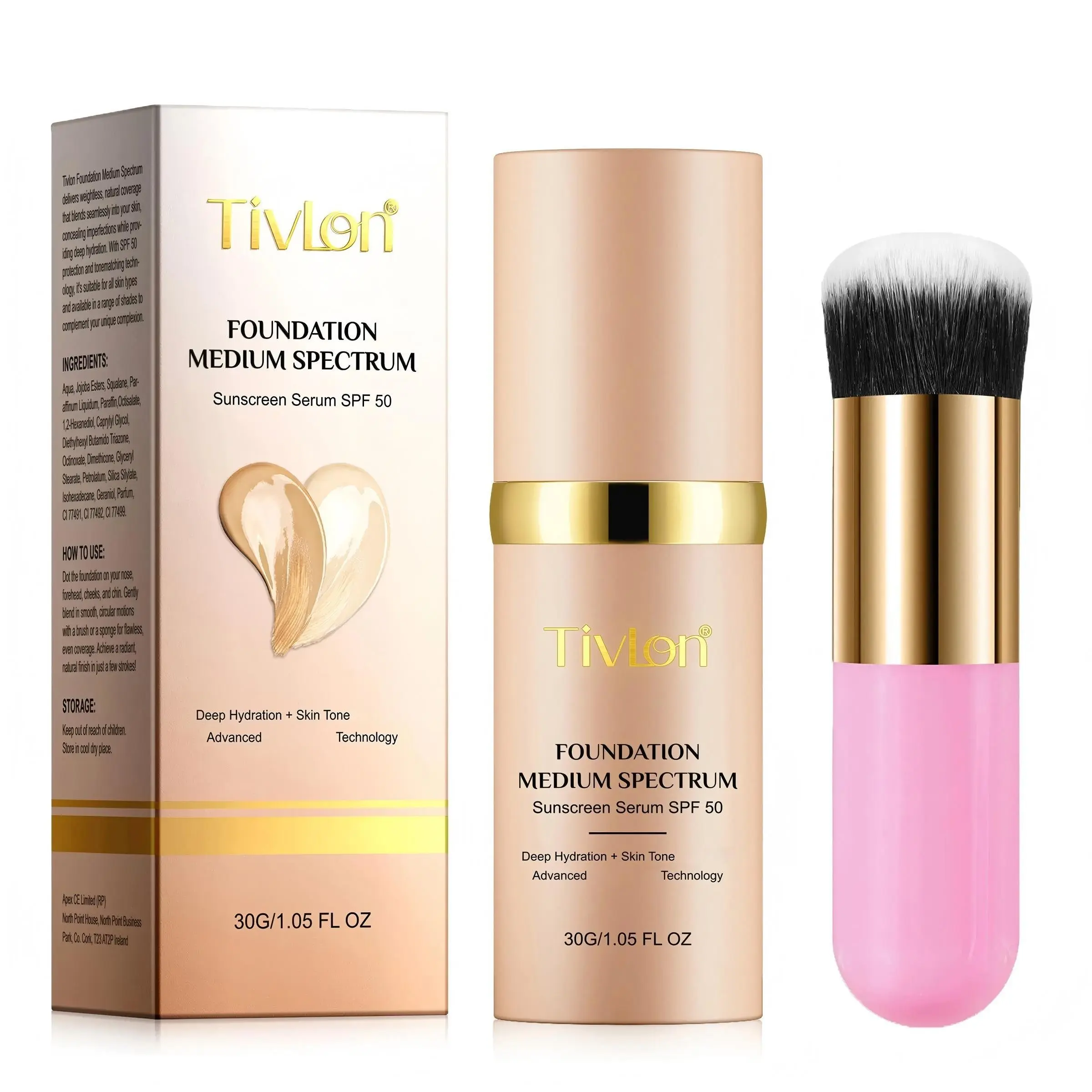 Tivlon Color-Changing, Self adjusting Foundation 30g + 1 Pink Makeup Brush, a foundation formulated for mature skin that conceals fine lines and wrinkles. This SPF 50+ foundation offers lightweight coverage, long-lasting and water-resistant