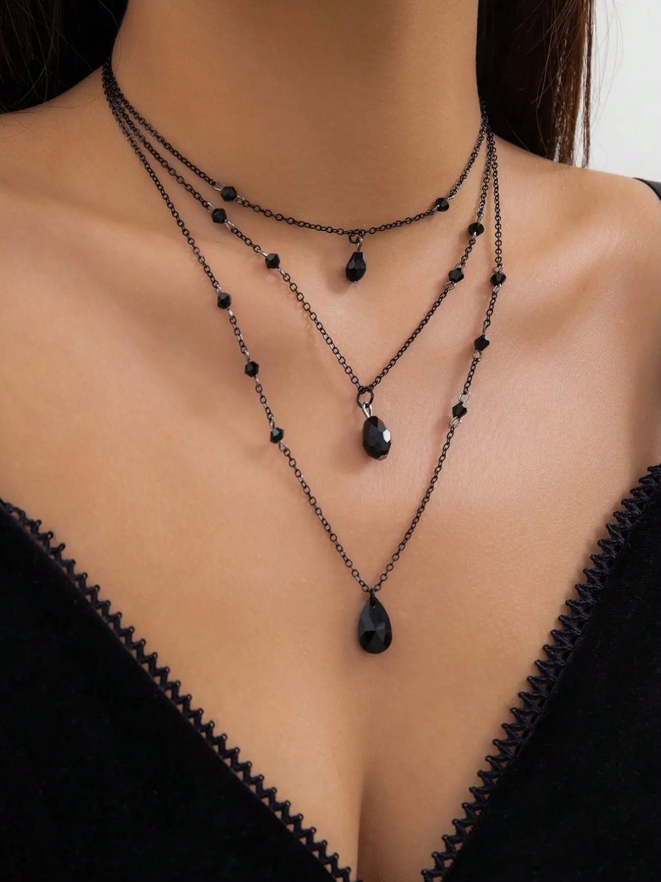 3pcs/set Women's Gothic Artificial Crystal Decorated Necklace, Fashionable Black Necklace without Box, for Party, Daily Clothing Decor for Girl