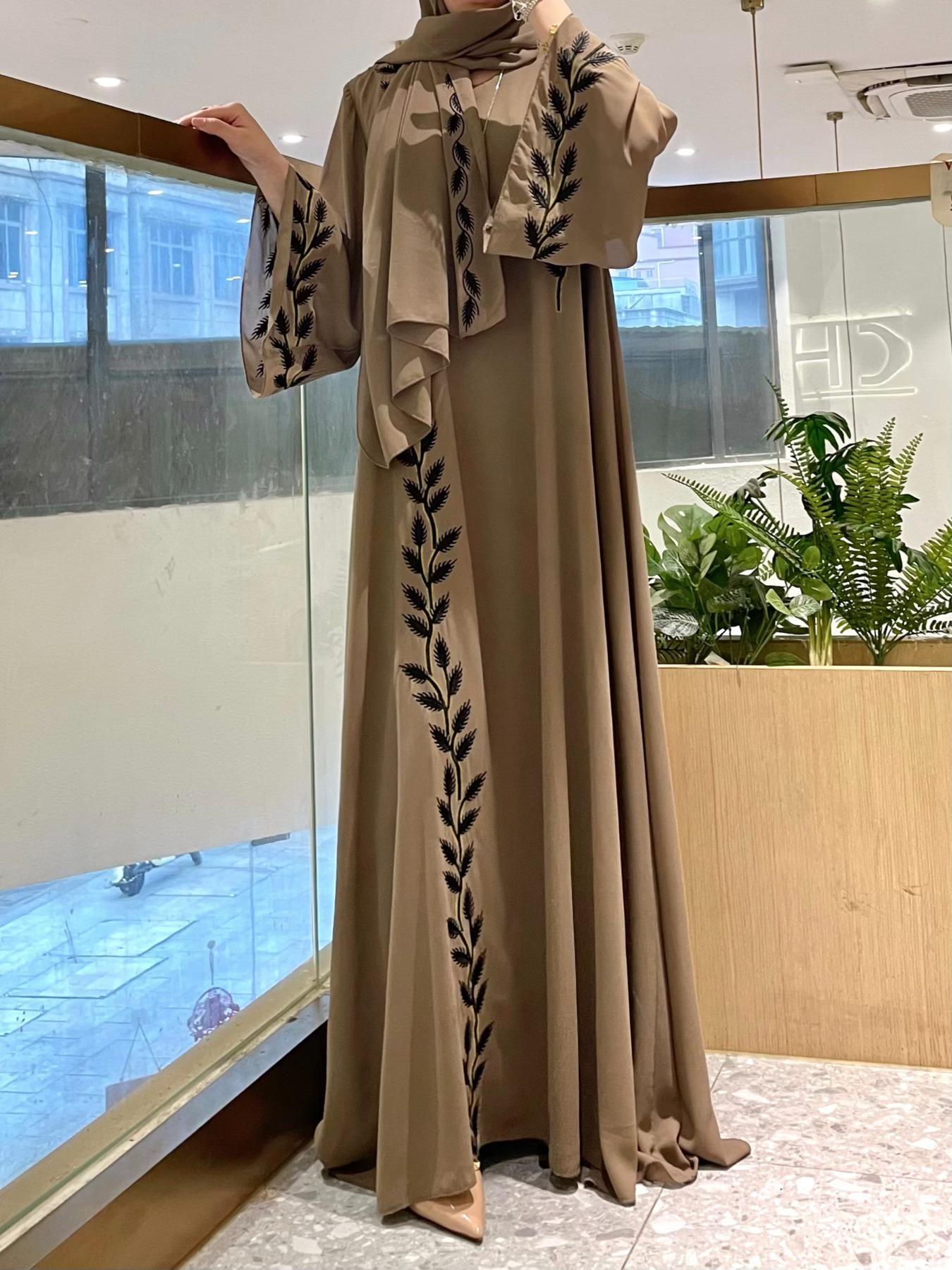 Arabic Clothing-Leaf Embroidered Bell Sleeve Chiffon Maxi Arabian Dress with Hijab, Elegant Long Kaftan Dresses Loose Abayas, Muslim Dress Islamic Clothes