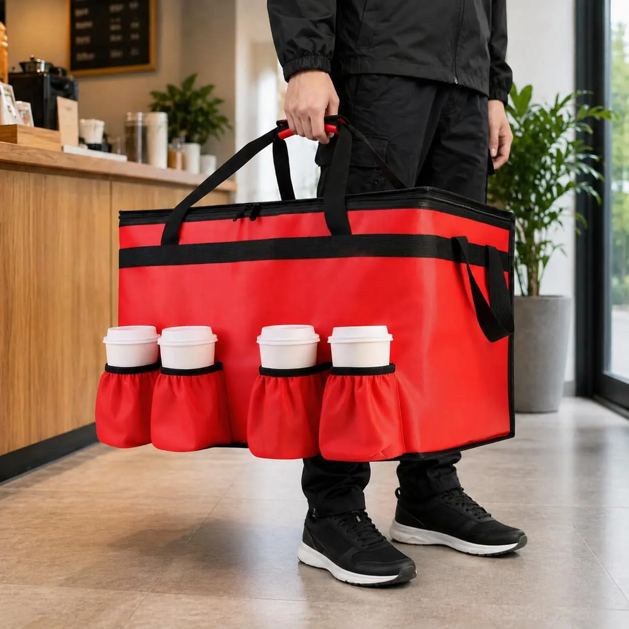 Insulated  Delivery Bag with 4 Cup Holders, XXX-Large Commercial Grade Insulated Grocery Bag, Keep  Hot/Cold, Heavy Duty Cooler Bag with Drink Carrier, Catering  Carrier, Red