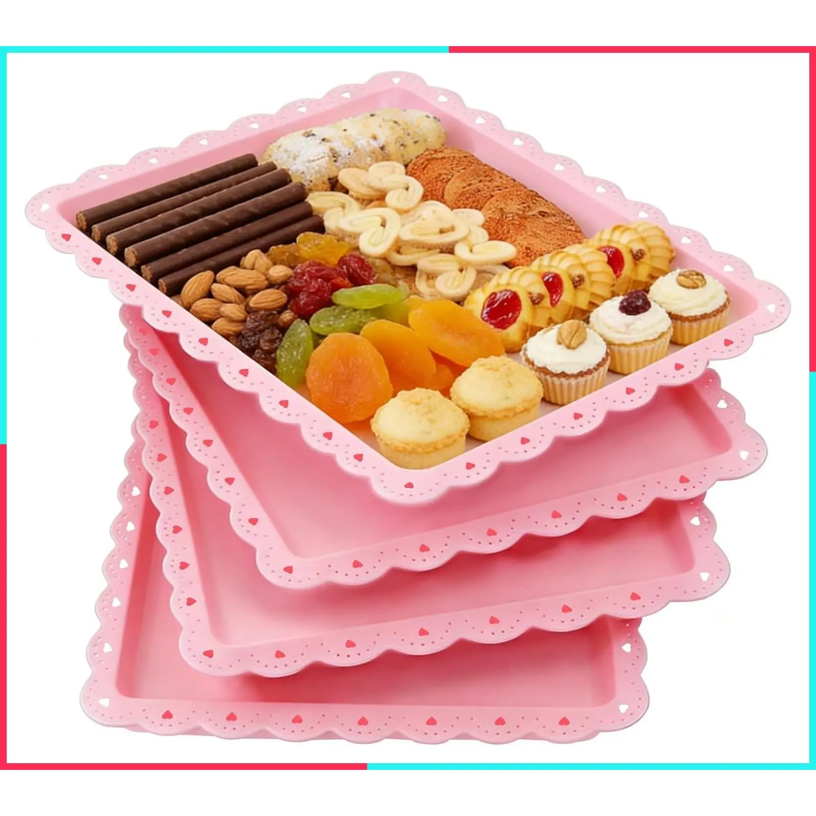4 Pack 14.5 x 9.4 Inch Heavy Duty Plastic Serving Trays for Party Buffet Wedding, Pink Platters