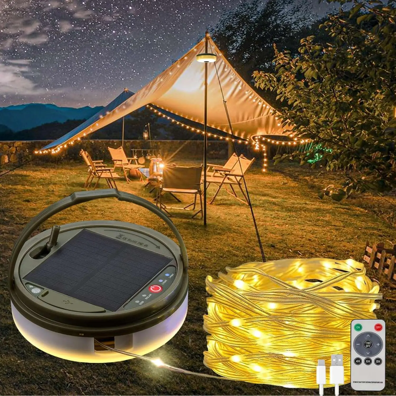 Solar Camping String Lights, 32.8 FT Fairy String Light, 4 in 1 Portable  Camp LED Lamp with 8 Lighting Modes,  Rechargeable Tent Lantern for Outdoor Garden Patio Party Essentials
