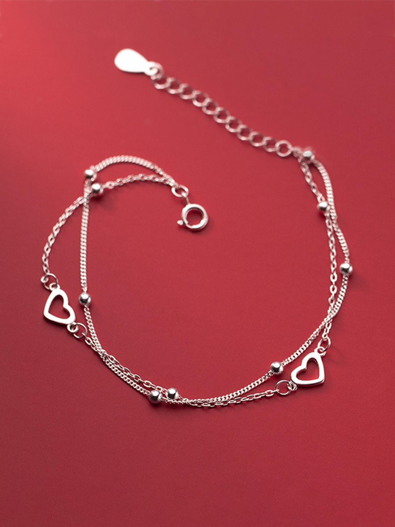 S925 Sterling Silver Heart Design Double Layered Bracelet for Women, Exquisite Trendy Link Bracelet, Chic Gorgeous Jewelry As Gift for Girlfriend, Heart Shaped Bracelet