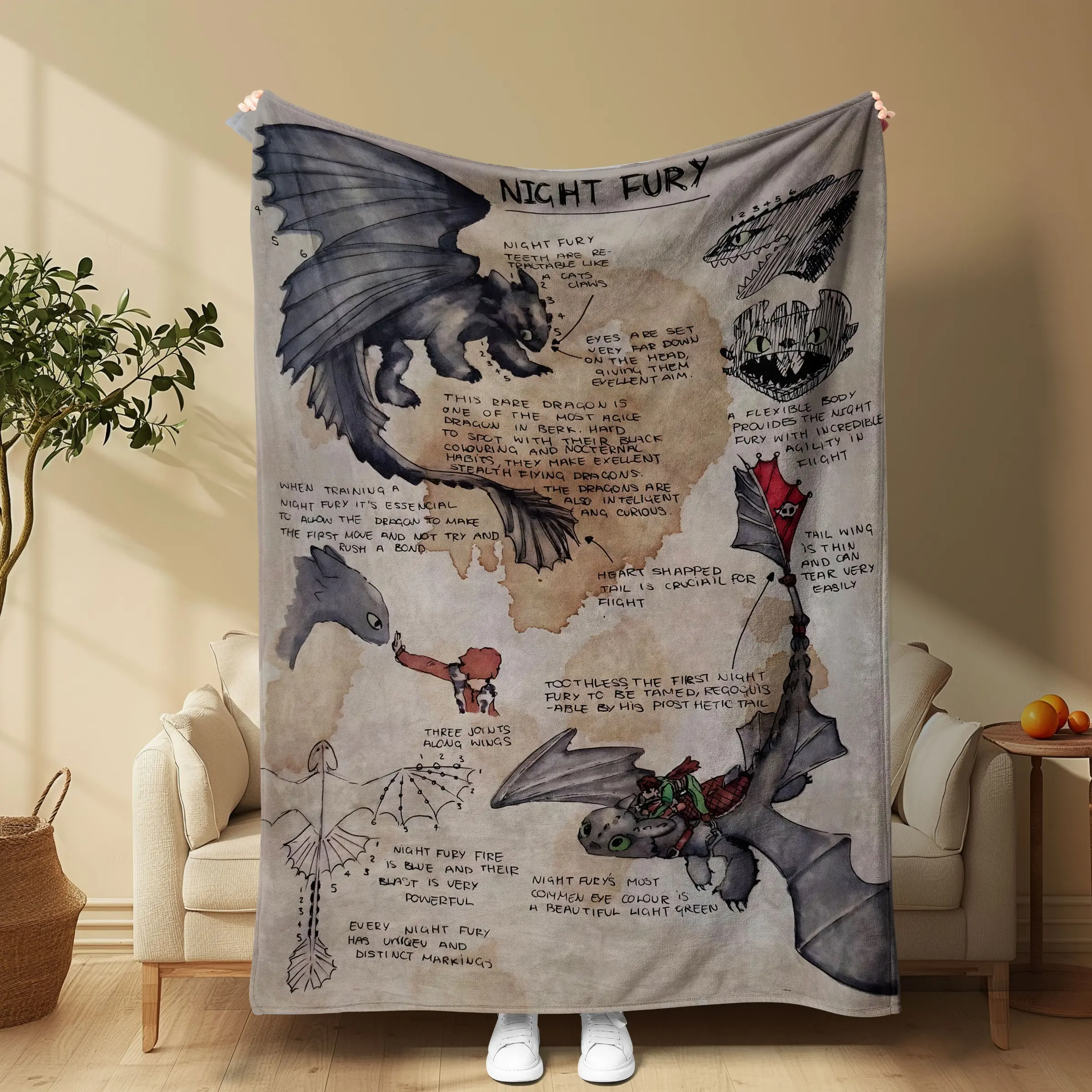 How to Train Your Dragon Toothless Draft Limited Flannel Blanket, Retro Paper Night Fury Anatomy Hand Drawn Pattern, Soft Flannel for Sofa Bed Office