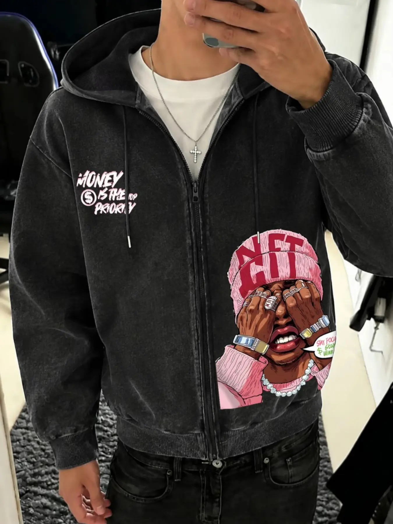 American Hip-Hop Character Print Sweatshirt, Vintage Washed Hoodie with Zipper, Unisex Fall Winter Fashion, Casual Fitted Style