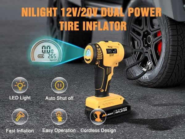 Nilight Automotive Tire Inflator - 20V Rechargeable Cordless Tire Pump, 150PSI Digital LCD Gauge with Auto Shut-Off, DC 12V Adapter Dual Power Car Repair Tool, PSI/Bar/KPA Swap for Cars, SUVs (0-35PSI Range)