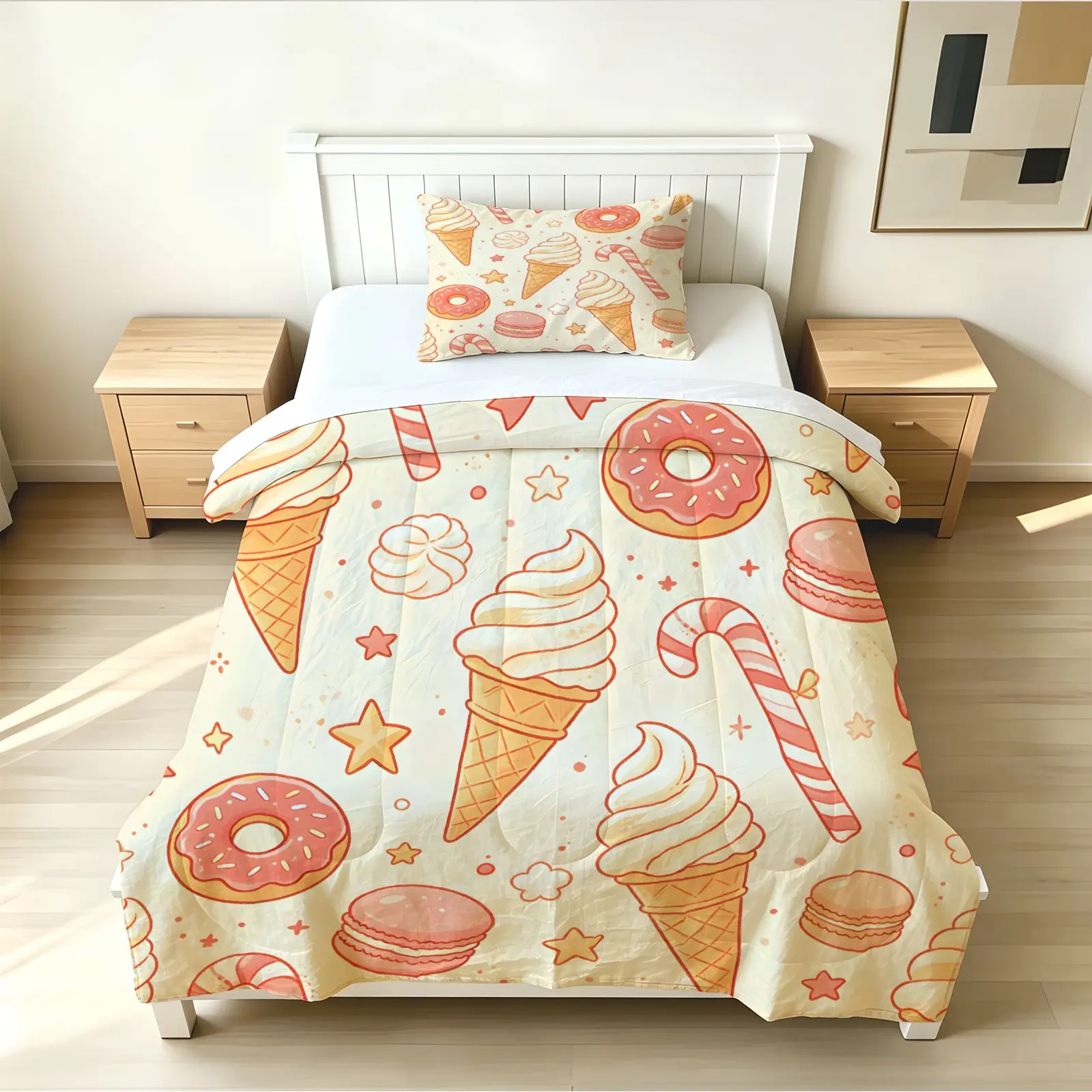 2/3 Pieces Sweet Cartoon Dessert Printed Quilt Set, crafted from soft, skin-friendly, breathable and smooth polyester fabric, all-season household bedding suitable for all people and all scenarios (with filling included, pillow inserts not included)