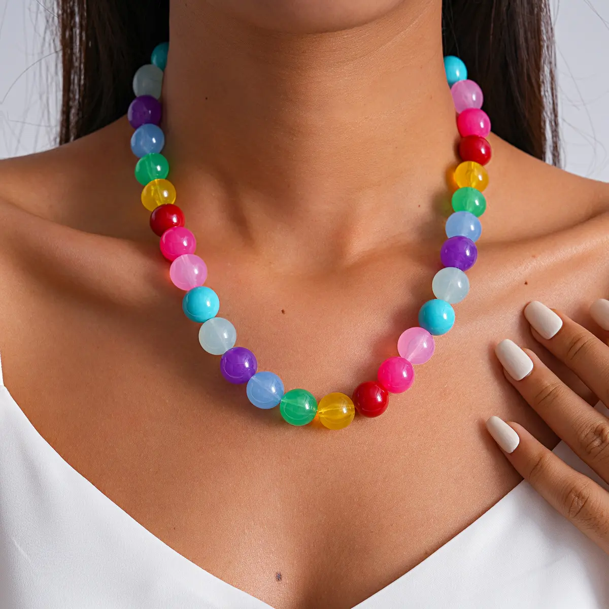 Women's Dopamine Dressing Chunky Rainbow Necklace - Y2K Kidcore Multicolor Acrylic Beaded Choker, Vibrant Statement Jewelry For Summer Beach Vacation, Party & Festival Outfit