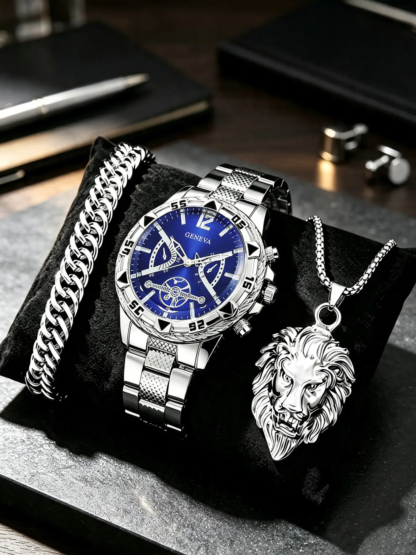 3-Piece Fashion Accessory Set, Includes Stylish Watch, Lion Head Necklace, Bracelet, Casual Quartz Analog Watch, Blue Dial, 45mm Alloy Case