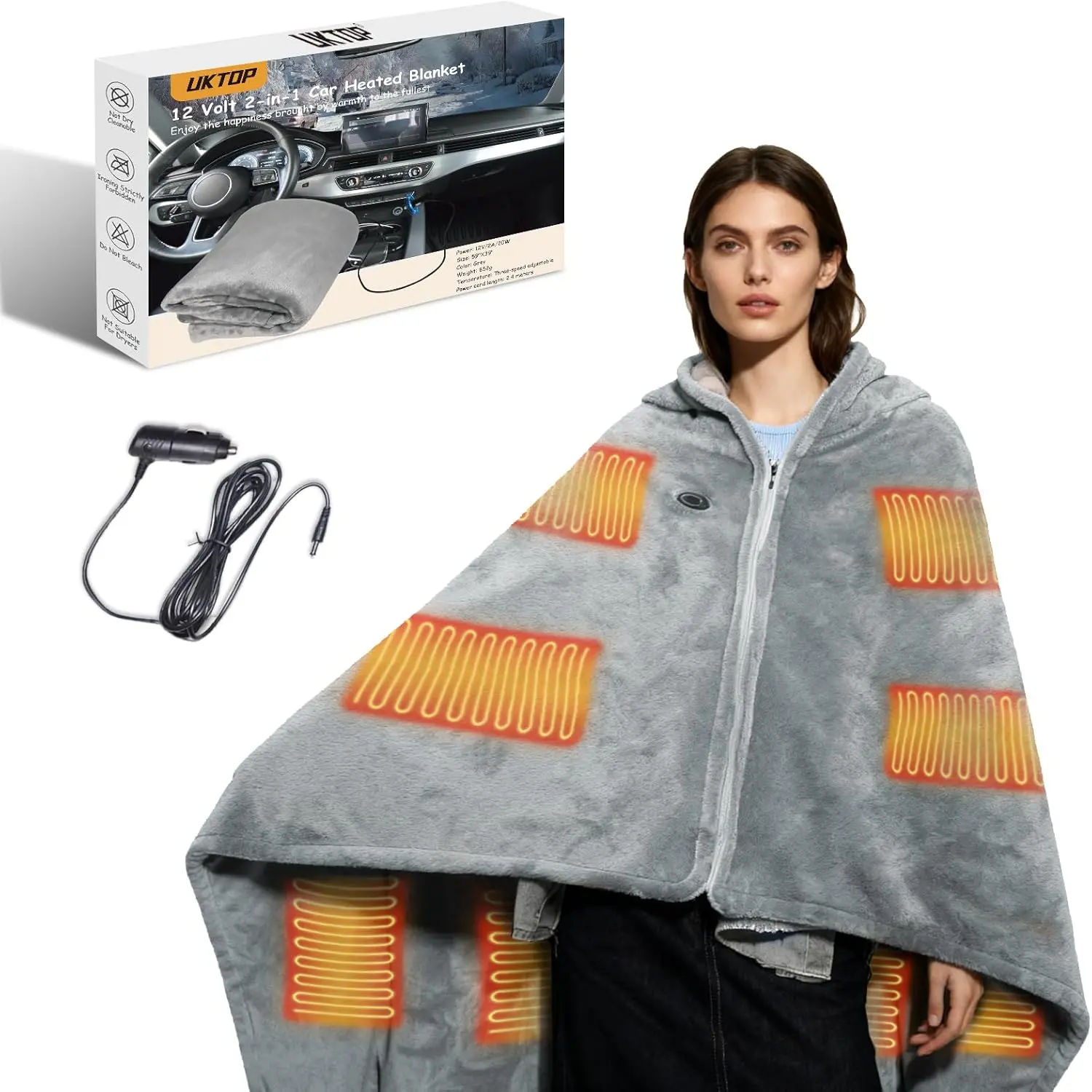 12 Volt Car Heated Blanket 2-in-1 Wearable 59"X39" Car Electric Blanket with 3 Heating Levels Zipper for Car/Truck/SUV/RV Camping Travel Machine Washable Grey