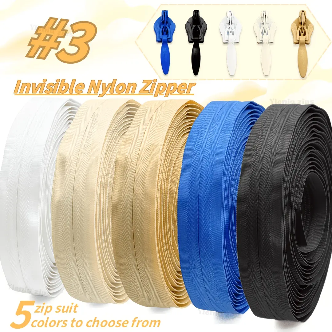 #3 Nylon Zipper Tape, 500cm/200inch, Bulk Zipper Roll Set with 15 Pulls, Durable Nylon Zipper Tape Kit for Sewing DIY Bags, Jackets, Sofas, Tents, Cushions and Garments